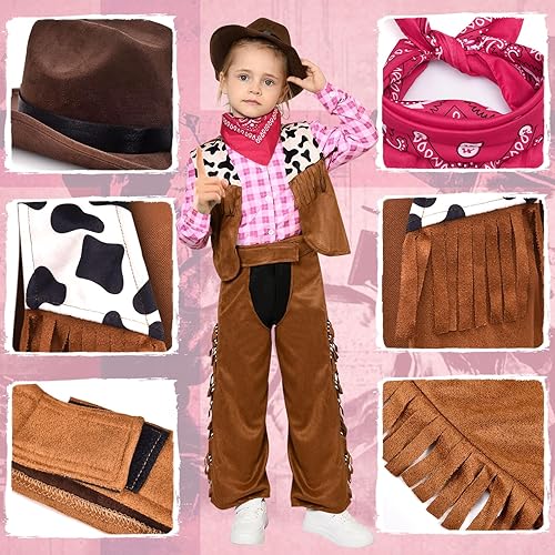 Miniatura 4 de Tacobear Disfraz de vaquera para niñas, sombrero occidental rosa, bandana, trajes de Halloween, juego de rol, cosplay de vaquero para niños