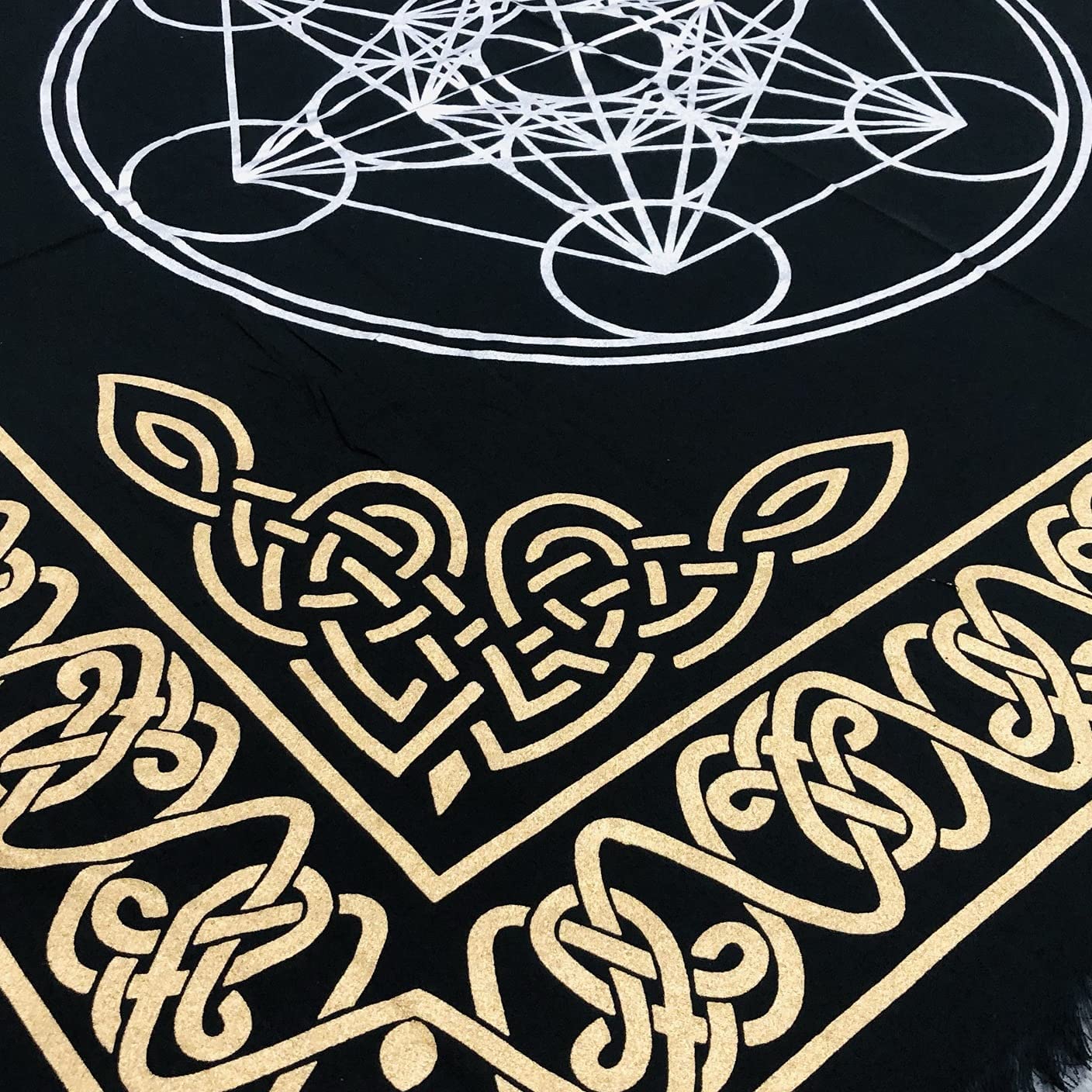 AVA Collections 36x36 Inch Altar Cloth Gold & Silver Printed on Black Cotton Fabric, Handmade Boho Spiritual Cloth for Tarot, Rituals Meditation Witchy Home Decor Table Cover (Metatron- Hexagon)