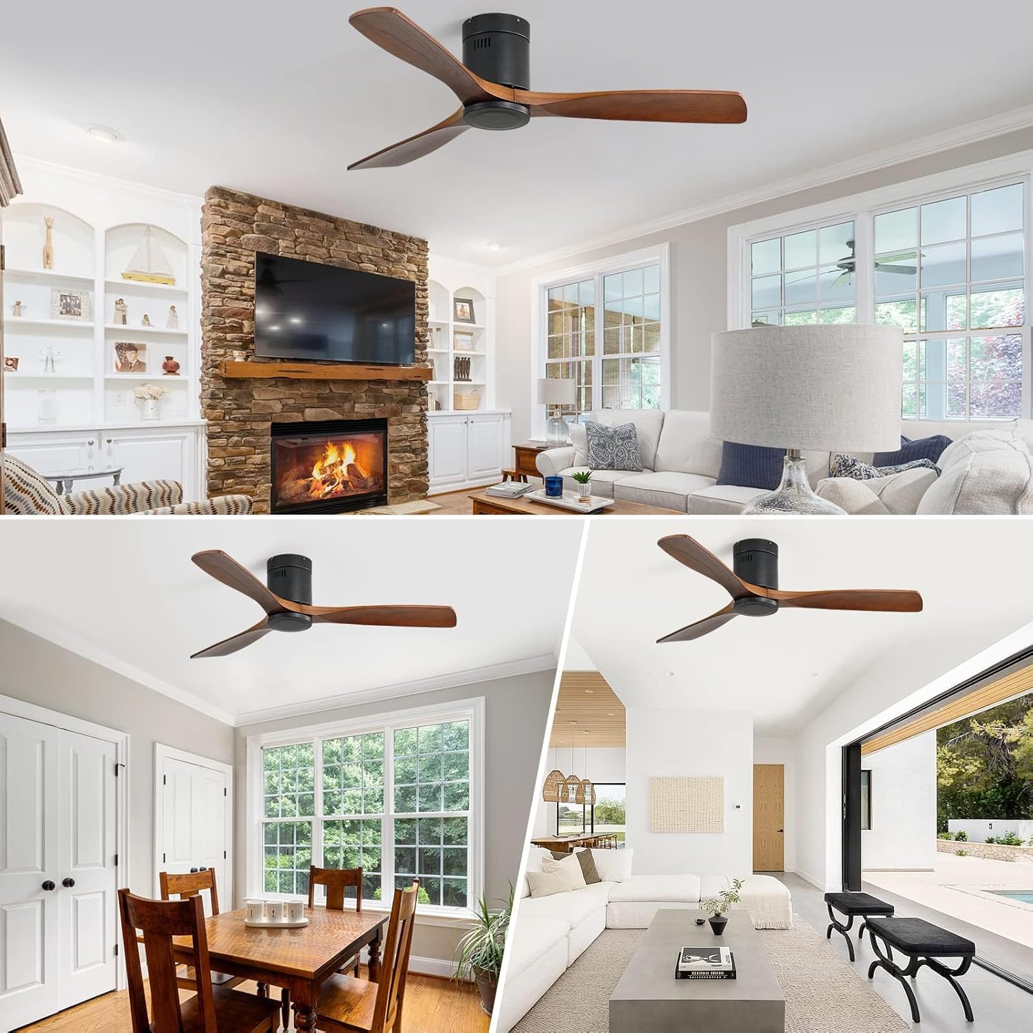 Sofucor 52" Low Profile Ceiling Fan with Remote Control, Outdoor Ceiling Fan No Light with 3 Walnut Blades, Multi-speed, Timer, Reversible DC Motor for Patio Living Room Bedroom Office Black