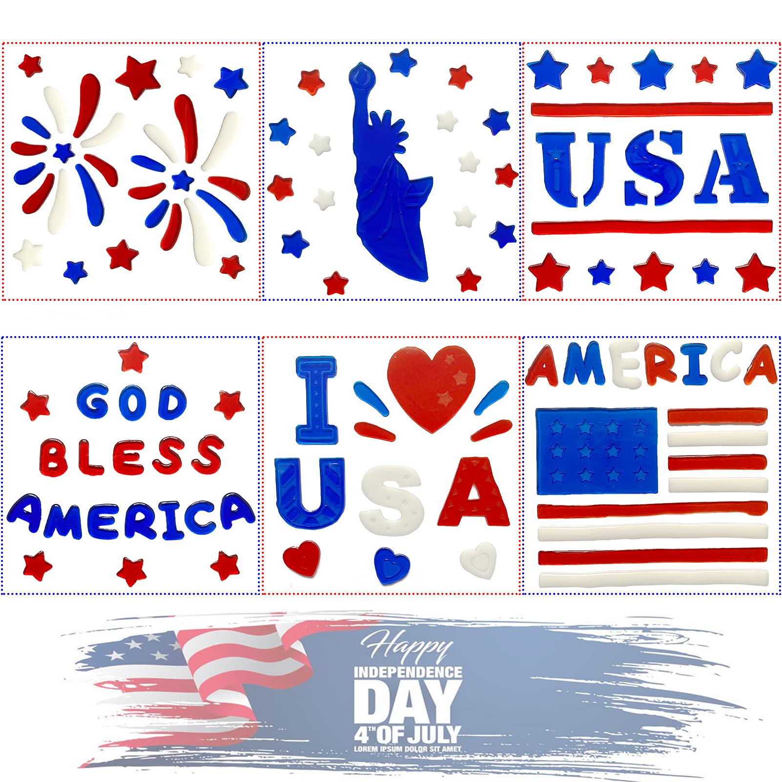 LRIGYEH 6 Pack 4th of July Window Gel Clings Independence Day Stickers Includes American Flag, Fireworks, Statue of Liberty, God Bless America , Reusable and Easy to Remove