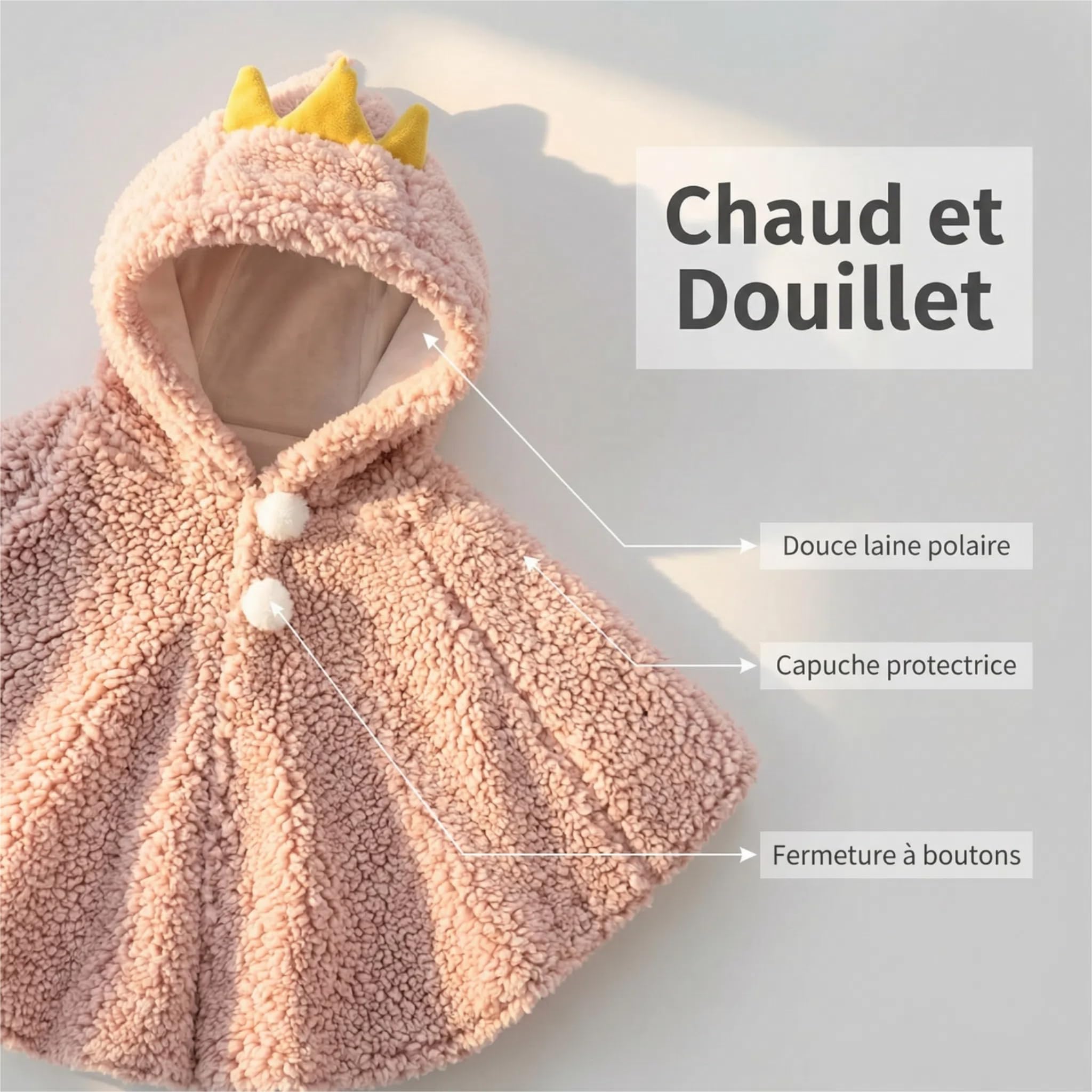 ITODA Mignon Cape à Capuche Bébé Garçon Filles Sweat À Capuche Laine Doux Poncho Cape Tout-Petits Manteau à Capuchon Coupe-Vent Hiver Automne Vêtements d'extérieur Chaude Châle pour Enfants 0-3ans