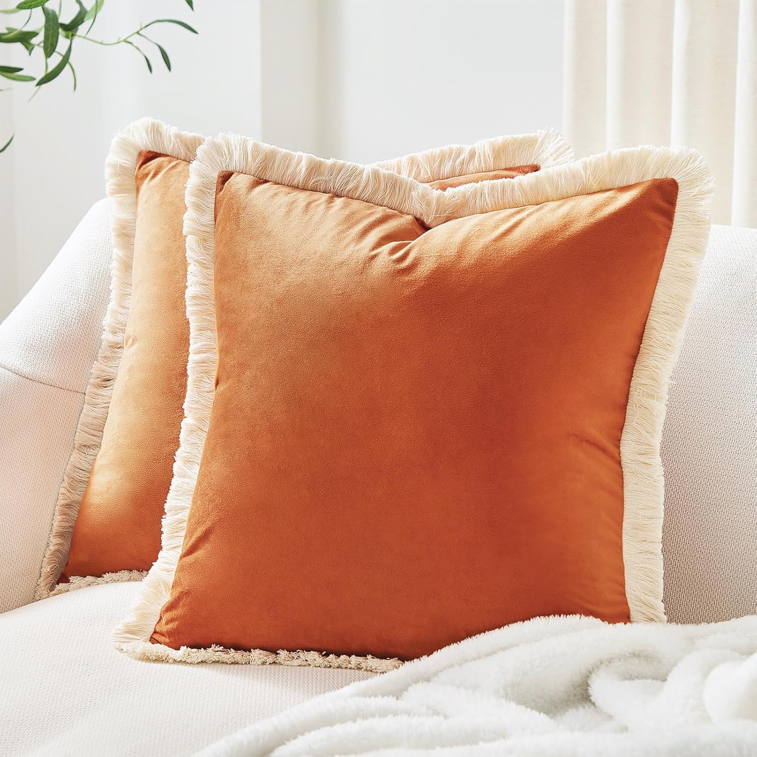 aeTHEric Decorative Throw Pillow Covers Cushion Cases, Set of 2 Soft Velvet Modern Fringe Tassel Designs, Mix and Match for Home Decor, Pillow Inserts Not Included (Orange, 12x12 inch)-image-42