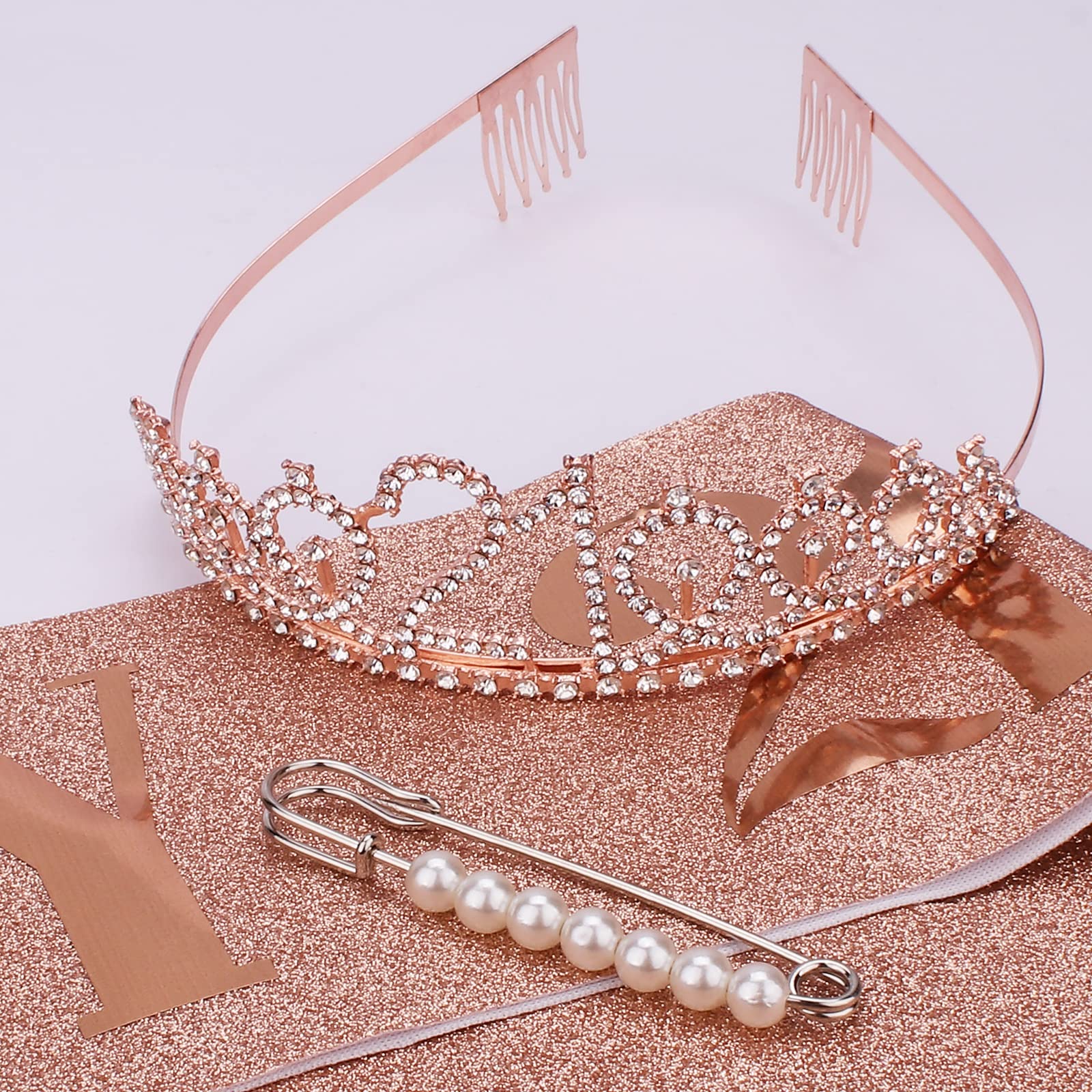 CAVETEE Rose Gold 21st Birthday Sash and Crown Set - Women's Birthday Queen Tiara and Sash
