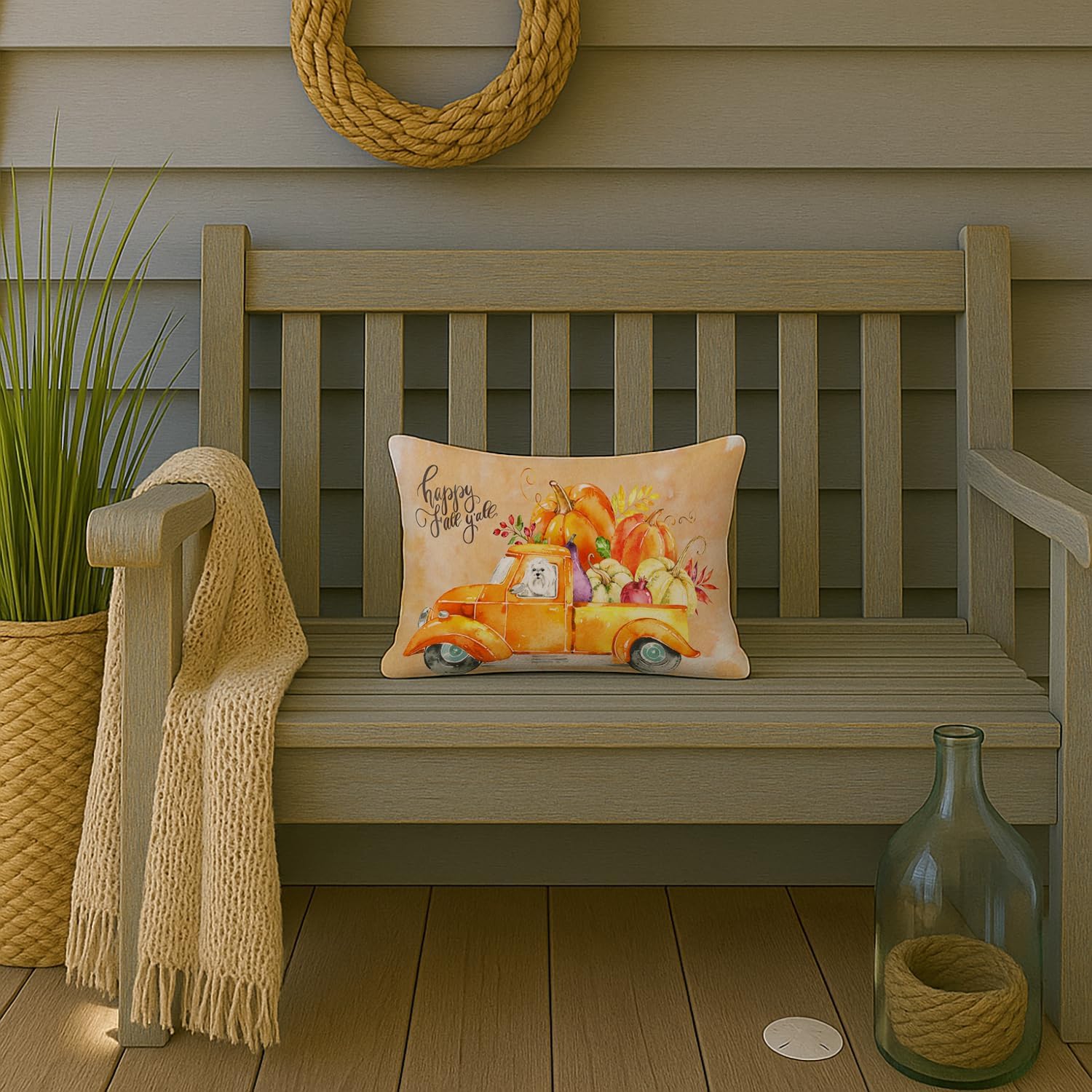 Caroline's Treasures CK2626PW1216 Fall Harvest Maltese Canvas Fabric Decorative Pillow Machine Washable, Indoor Outdoor Decorative Pillow for Couch, Bed or Patio, 12HX16W