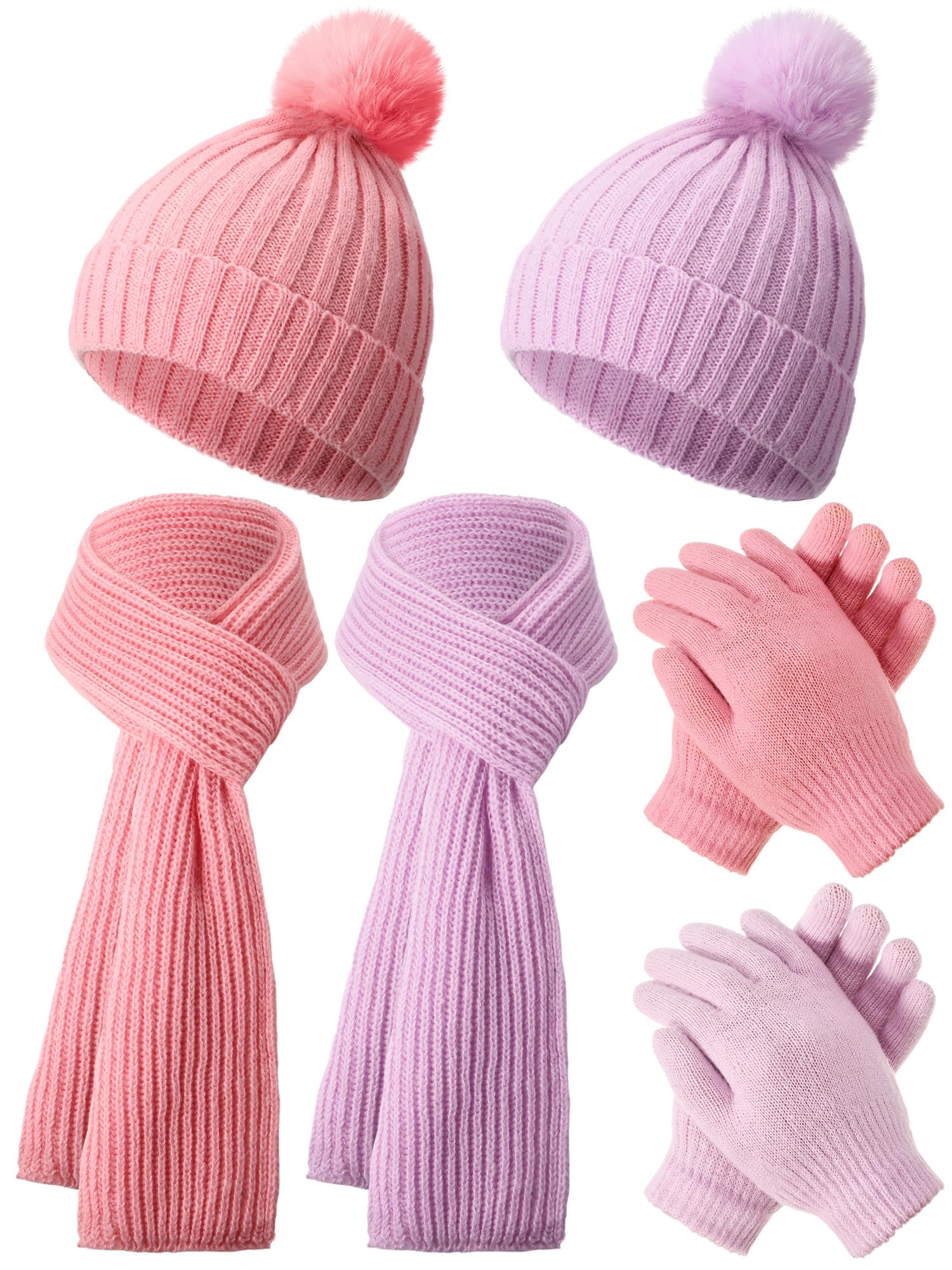 JaGely 2 Sets Kids Winter Hat Gloves Scarf Set Girls and Boys Knit Hat with Pom Warm Scarf Snow Gloves for 3-10 Years Toddler