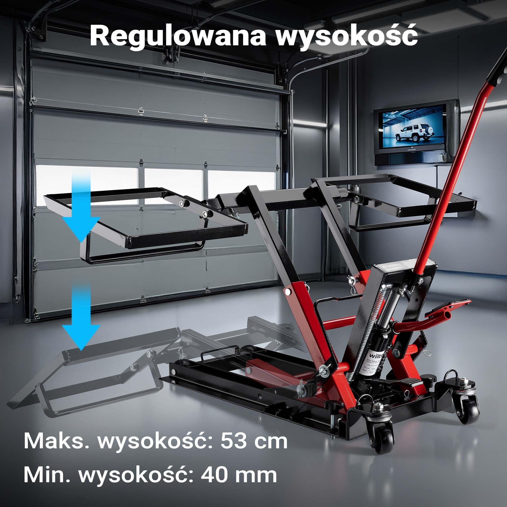 Wiltec Podnośnik hydrauliczny 3-w-1 do motocykli, quadów i kosiarek, maks. wysokość 530 mm maks. 300 kg nośności, mobilny lewarek