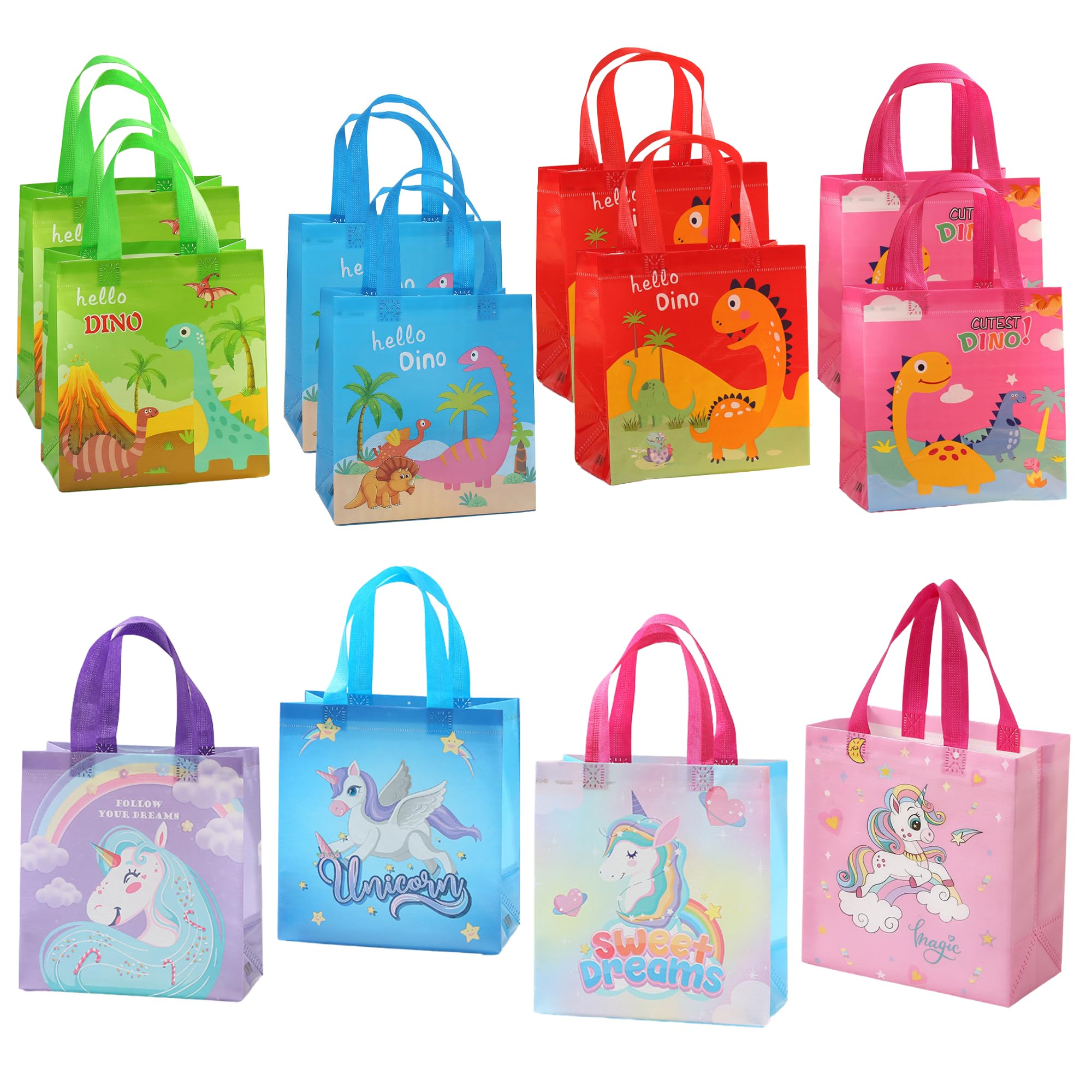 FINEMOE Pack of 12 Small Return Gift Bags for Kids, Unicorn & Dinosaurs Theme, Canvas Return Gift Bag for Birthday, Kanya Pujan, Christmas & Party Favors, Multicolor Gift Cover Small Handbag, Age 2-12 (Dinosaurs & Unicorn)