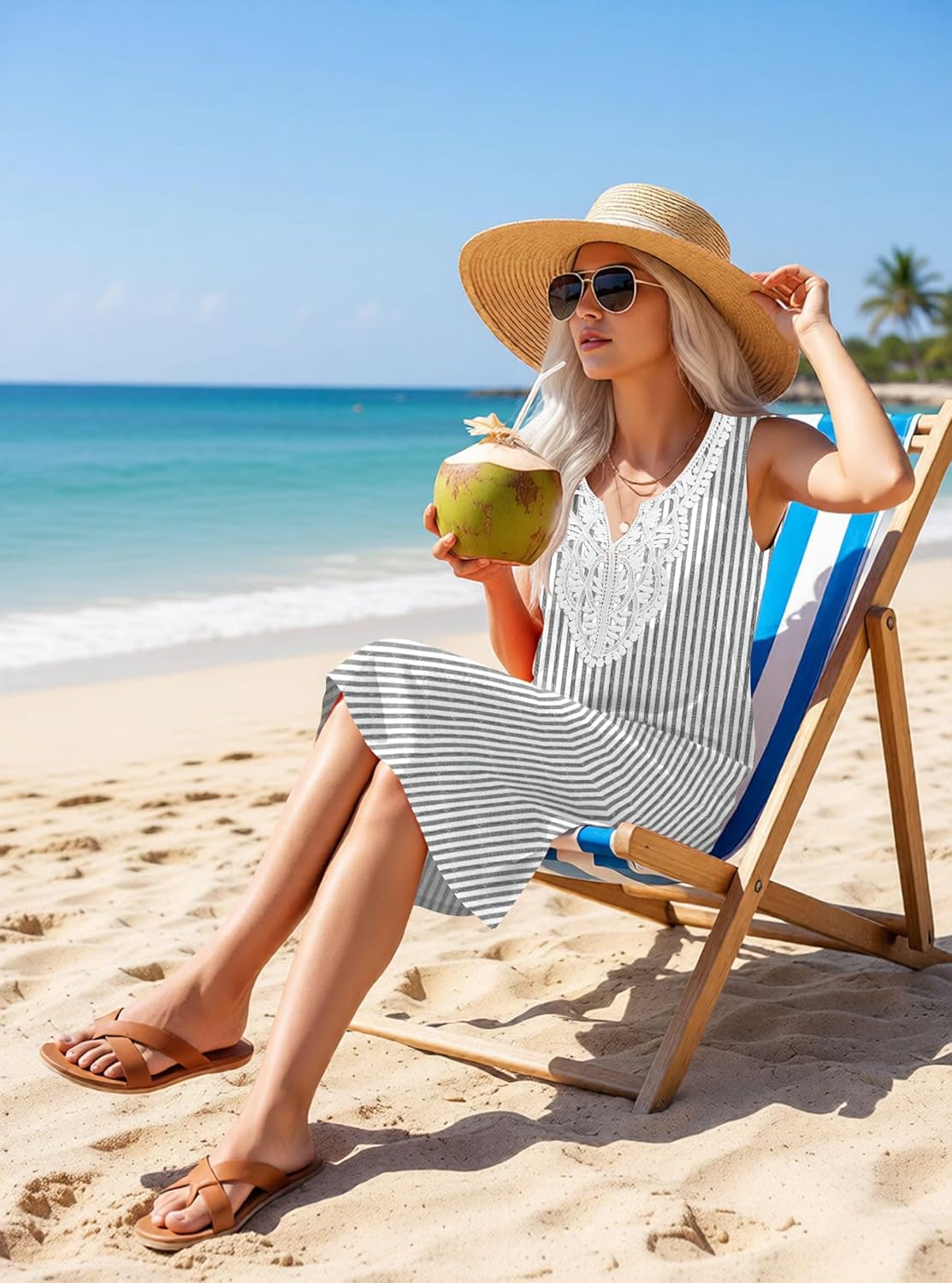 Disamer Women's Summer Dresses 2026 Vacation Sleeveless Sundresses Swimsuit Coverup Sun Dress Spring Lace Striped Beach Dress - Image 6