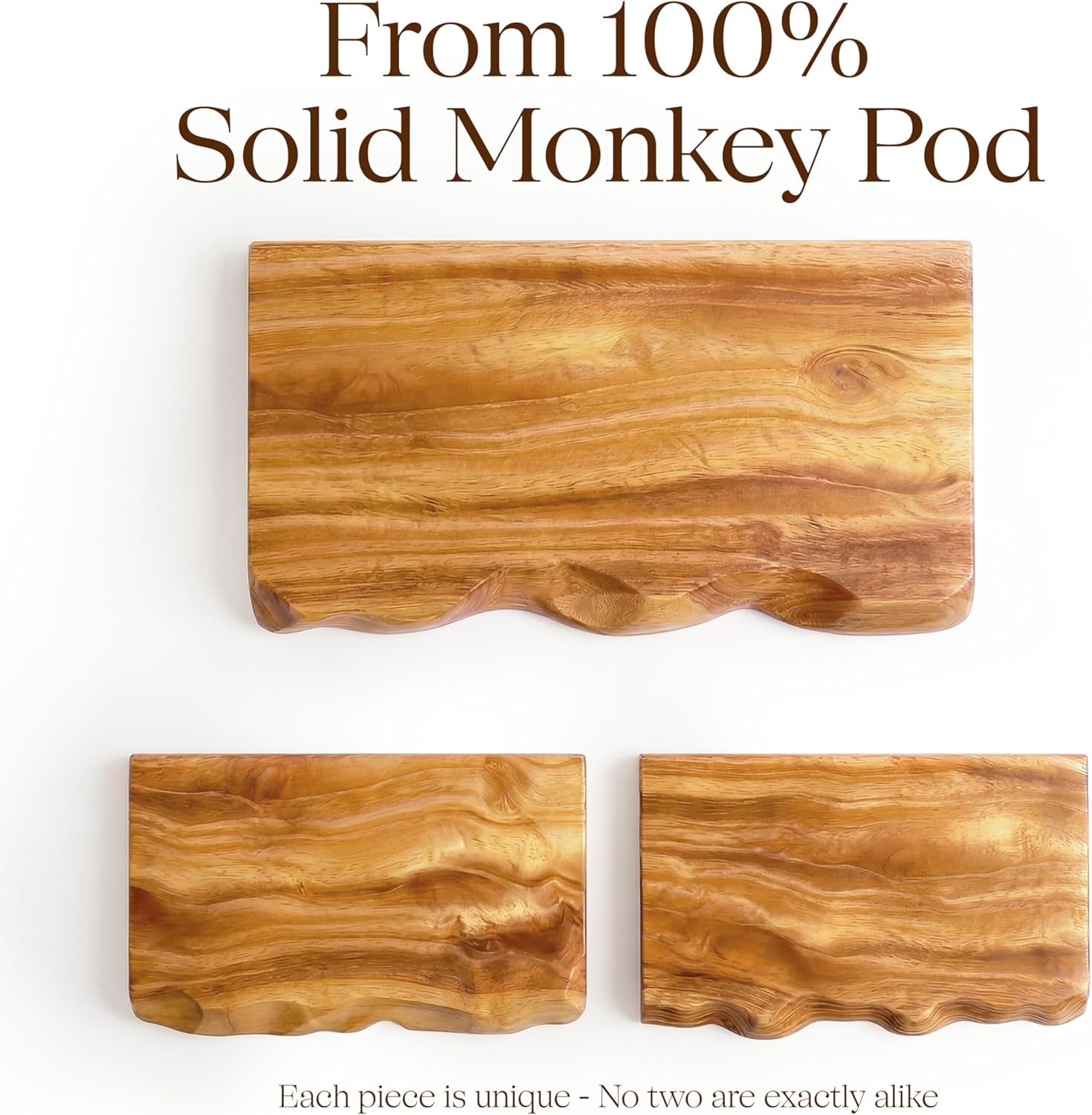 Live Edge Floating Shelves - Solid Monkey Pod Wood, Heavy Duty Hidden Brackets, Handcrafted Farmhouse Style Decor for Bathroom & Living Room (Natural, 24 Inch, Set of 1)