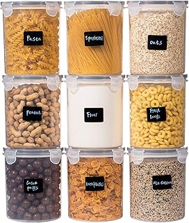 Yangbaga Zestaw pojemników na musli, szczelne i wolne od BPA pojemniki do przechowywania z łyżkami i etykietami, idealne do ryżu, cukru, mąki, makaronu i innych, 1,5 l, 9 szt.