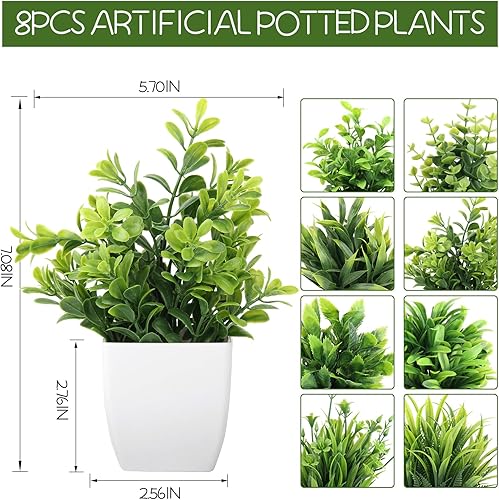 Miniatura 3 de LELEE Plantas artificiales mini plantas falsas en maceta 8 piezas pequeñas de eucalipto en maceta de hierba decorativa con maceta blanca para