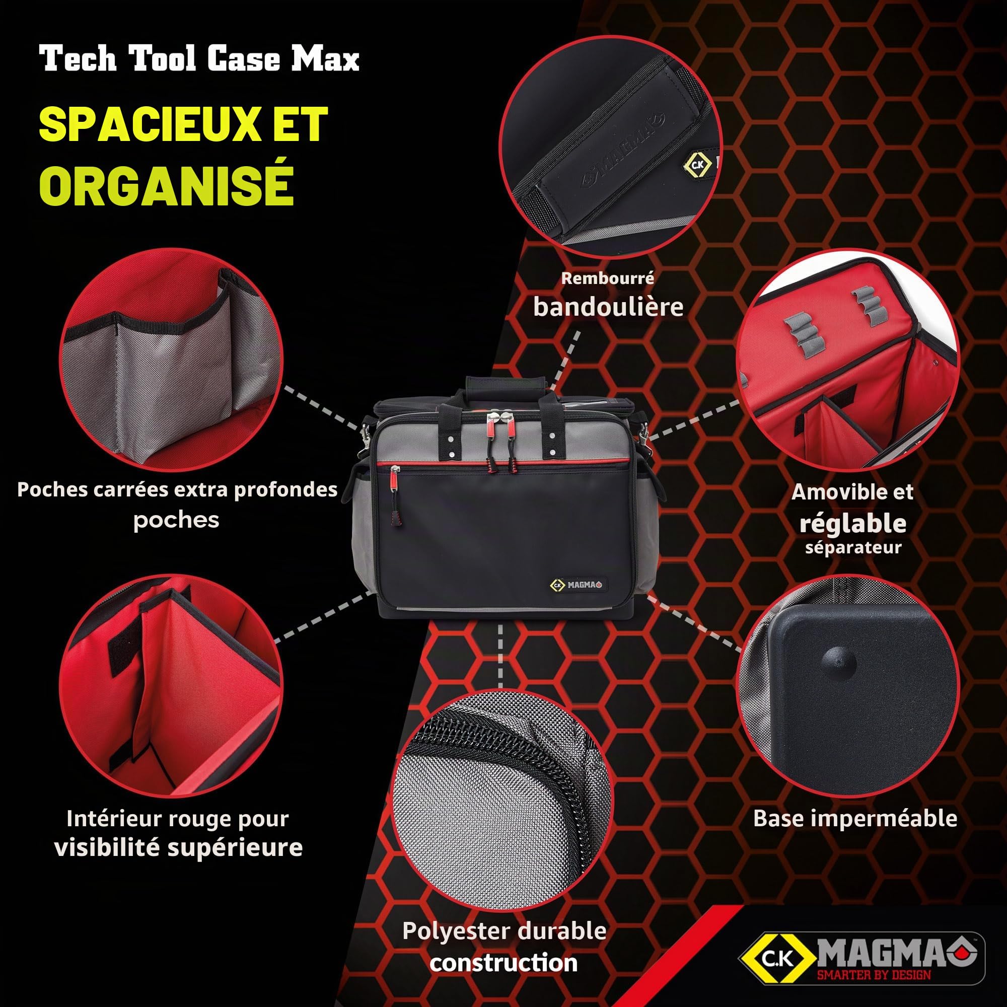 C.K Magma Sac à Outils Technicien Max, Mallette Vide Grande Capacité, Compartiment Central 170 mm, Séparateur Réglable, Base Étanche, Poches Profondes, Électricien, Maintenance, Chantiers, CK MA2639