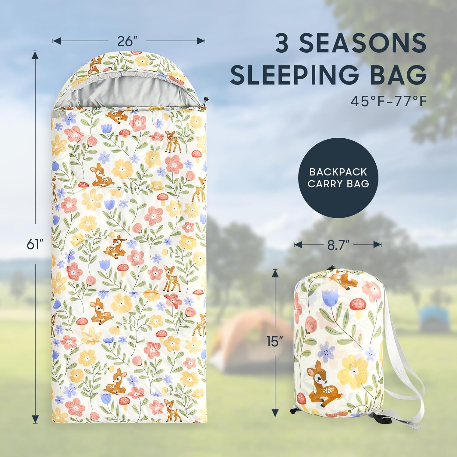 Wake In Cloud - Kids Sleeping Bag for Girls Toddlers, Camping in Warm Cold Weather, Backpacking Lightweight Compact Outdoor Liner for 3 Seasons, Deer Floral Garden - Image 2