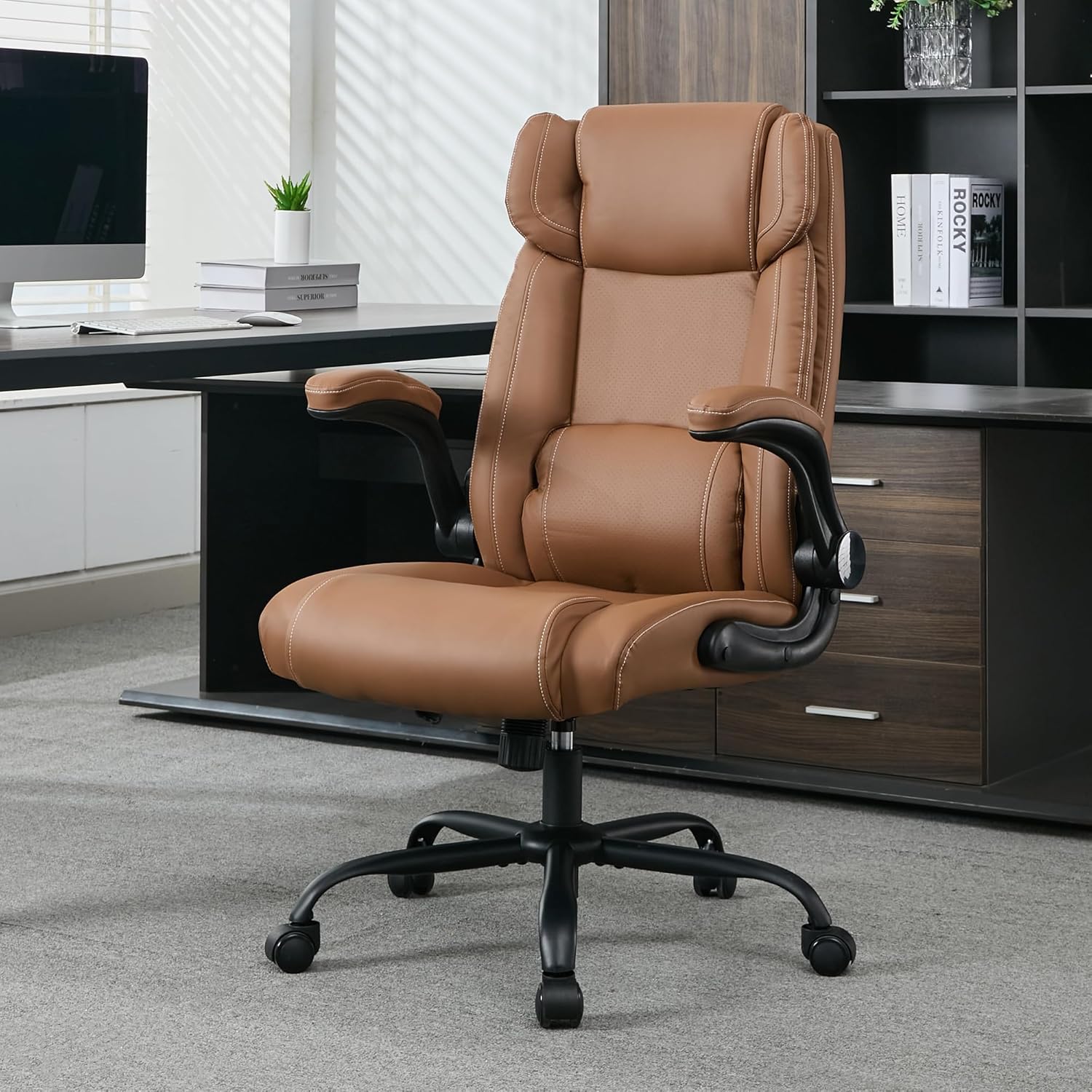 Similar as is Office Desk Chair,Ergonomic Conference Room Chairs,Mid Back Executive Leather Chair,Comfy Computer Desk Chairs with Adjustable Flip-Up Arms and Rocking Function (Brown)