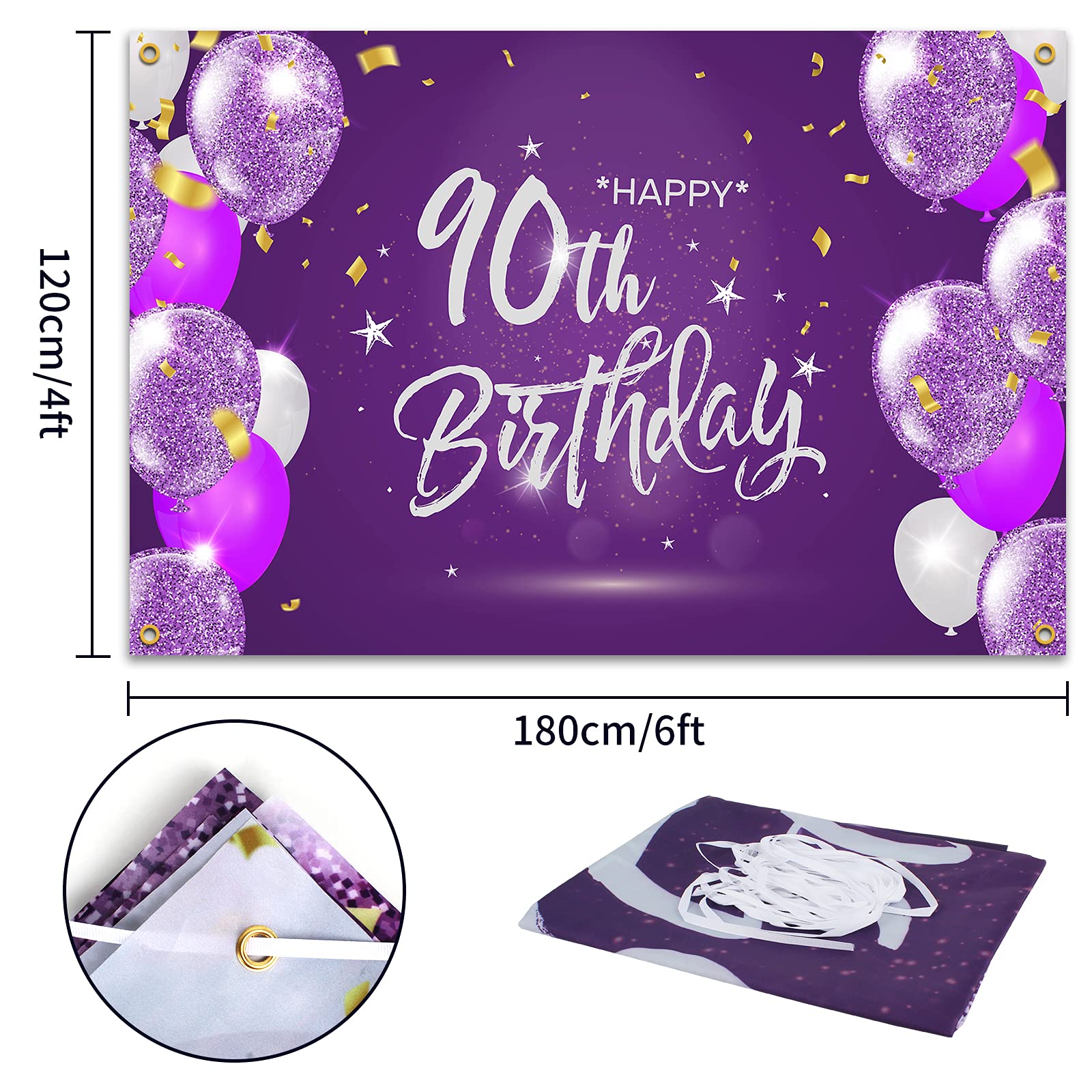 Happy 90th Birthday Backdrop Banner | 59x35.4 Inch Fabric Sign | 90 Years Old Party Decorations