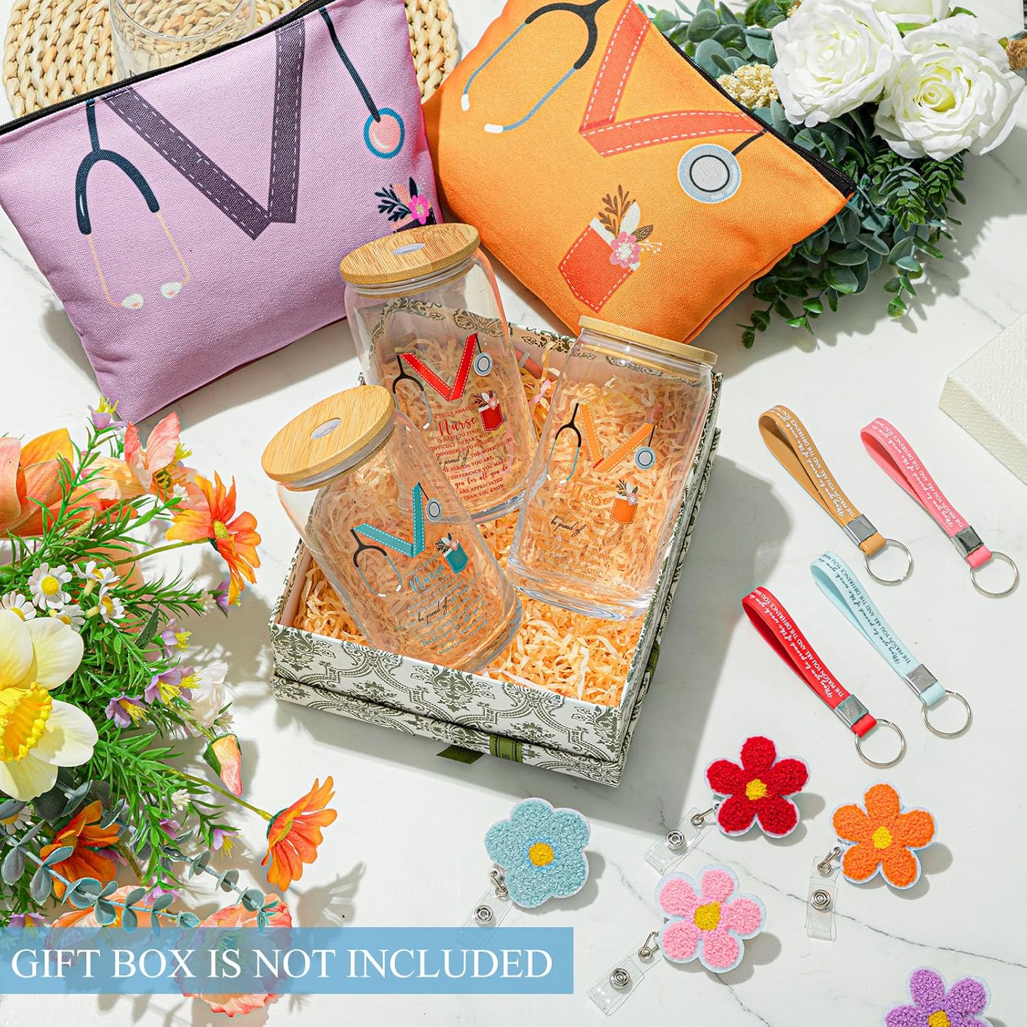 24 Pcs Nurse Appreciation Week Gifts Set Included 16 oz Glass Cups with Lid Makeup Bag Keychain Badge Reel Thank You Gift for Registered Assistant Nursing Student Graduation (Multicolor)