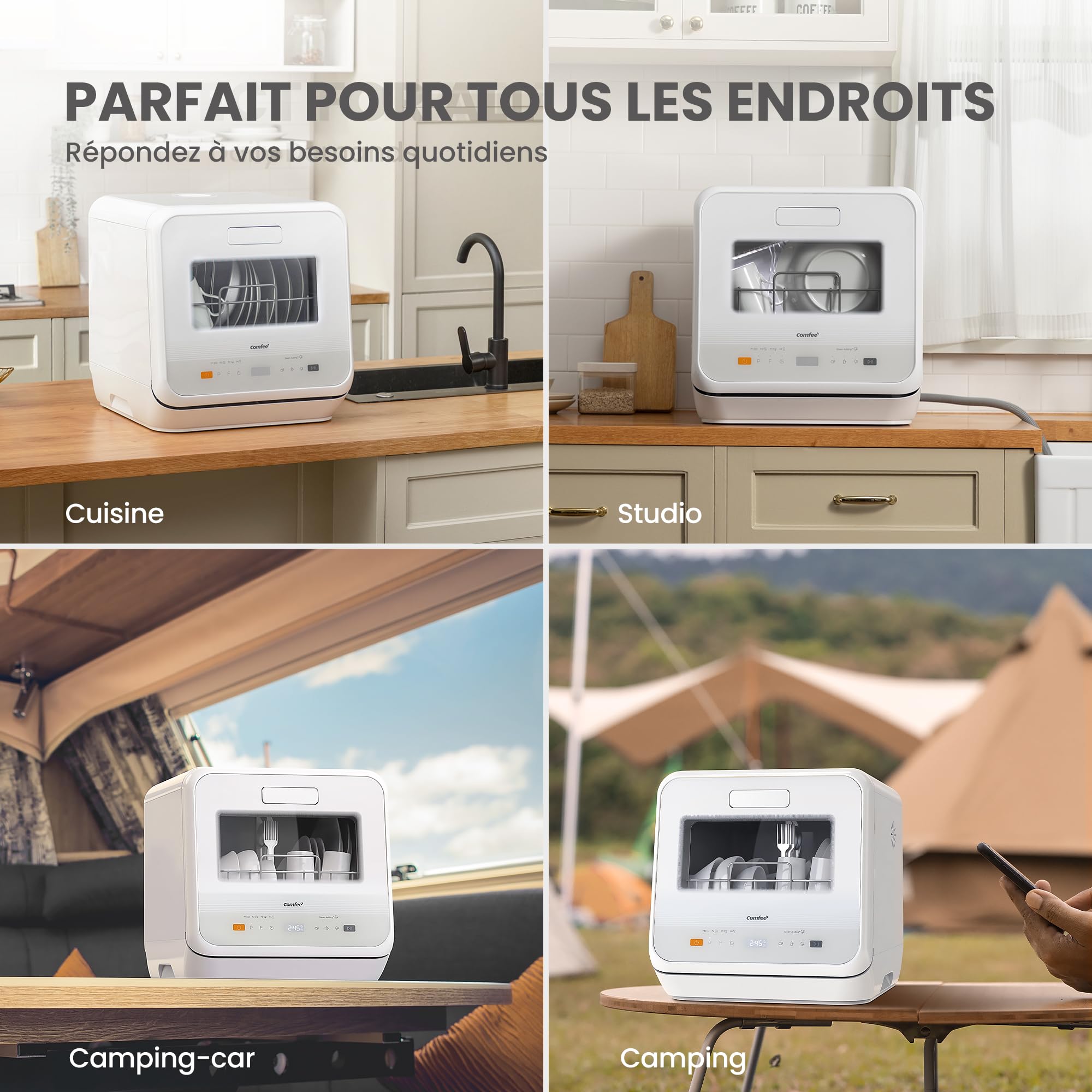 COMFEE' Lave-vaisselle de comptoir, mini lave-vaisselle de table, 6 programmes, lavage à la vapeur, sans plomberie, démarrage différé, blanc