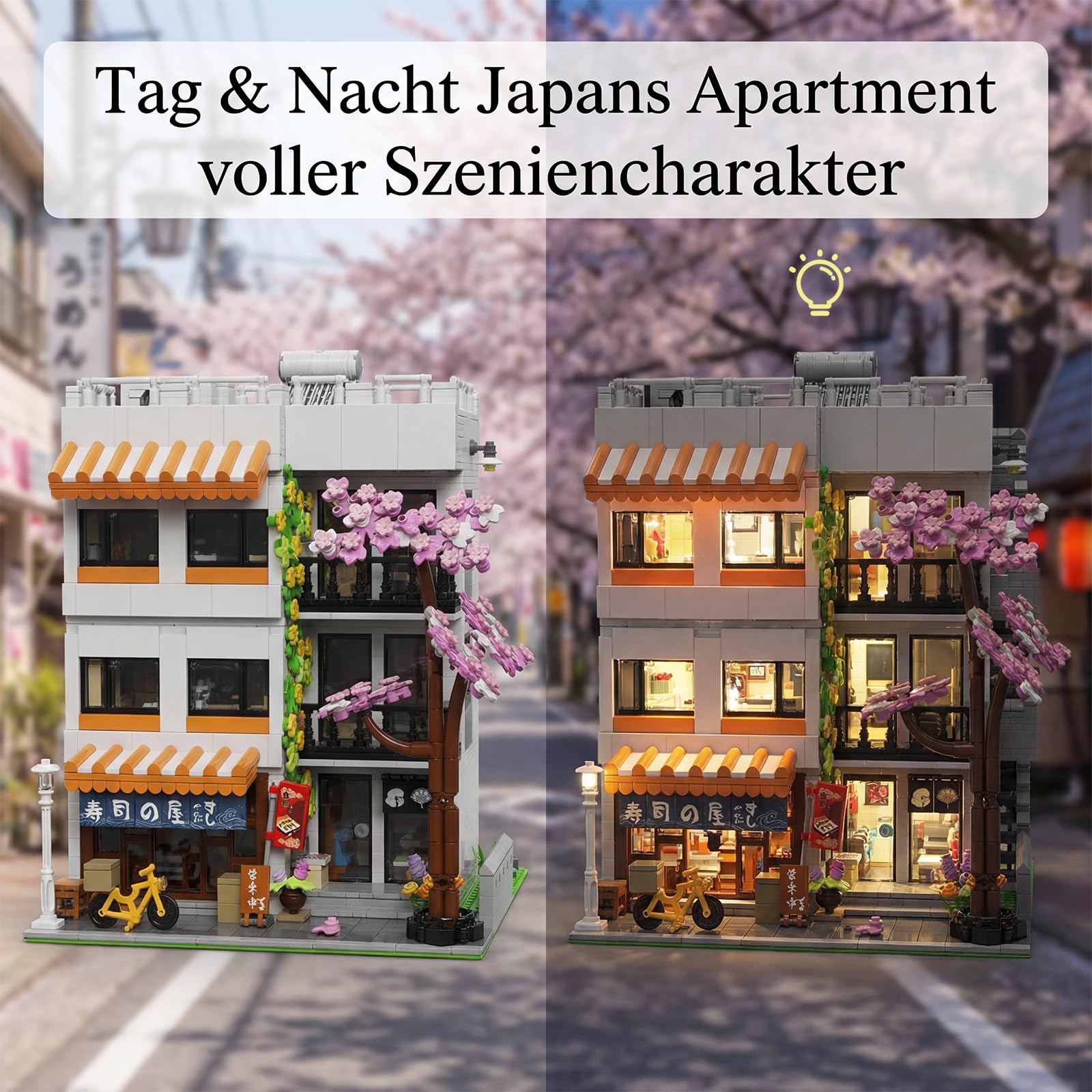 Klemmbausteine Japan Haus mit Licht & 5 Figuren - 3911 Teile Japanische Apartment & Sushi Haus Modular Building, Architektur Bausteine Set mit Kirschblüten für Erwachsene Youmko YM003