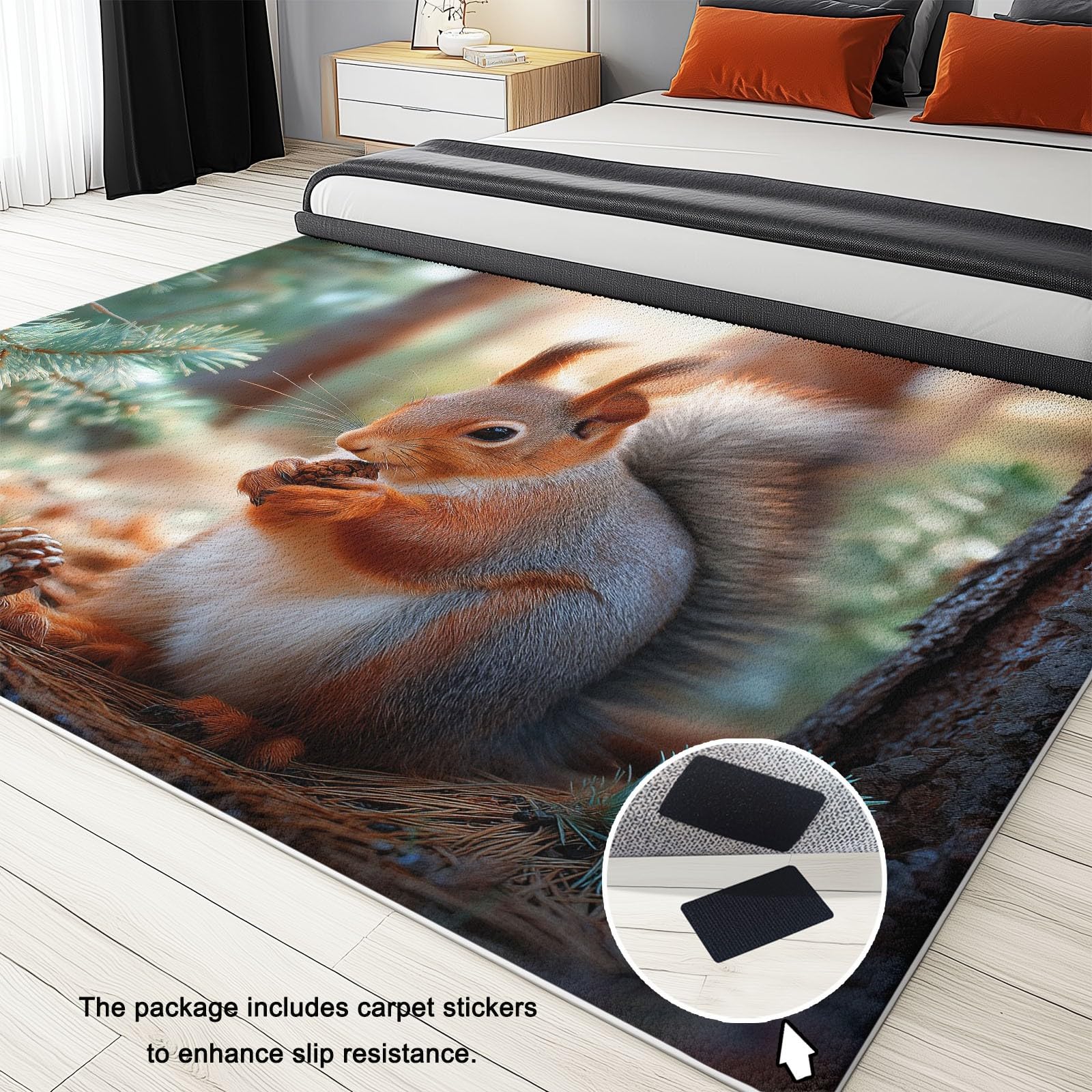 Teppich Wohnzimmer 120 x 180 cm Eichhörnchen Wald Tier Niedlich Tannenzapfen, Kurzflor Teppich mit Rutschfester Rückseite - Waschbar & Pflegeleicht, Läufer für Schlafzimmer Esszimmer und Küche, Grün