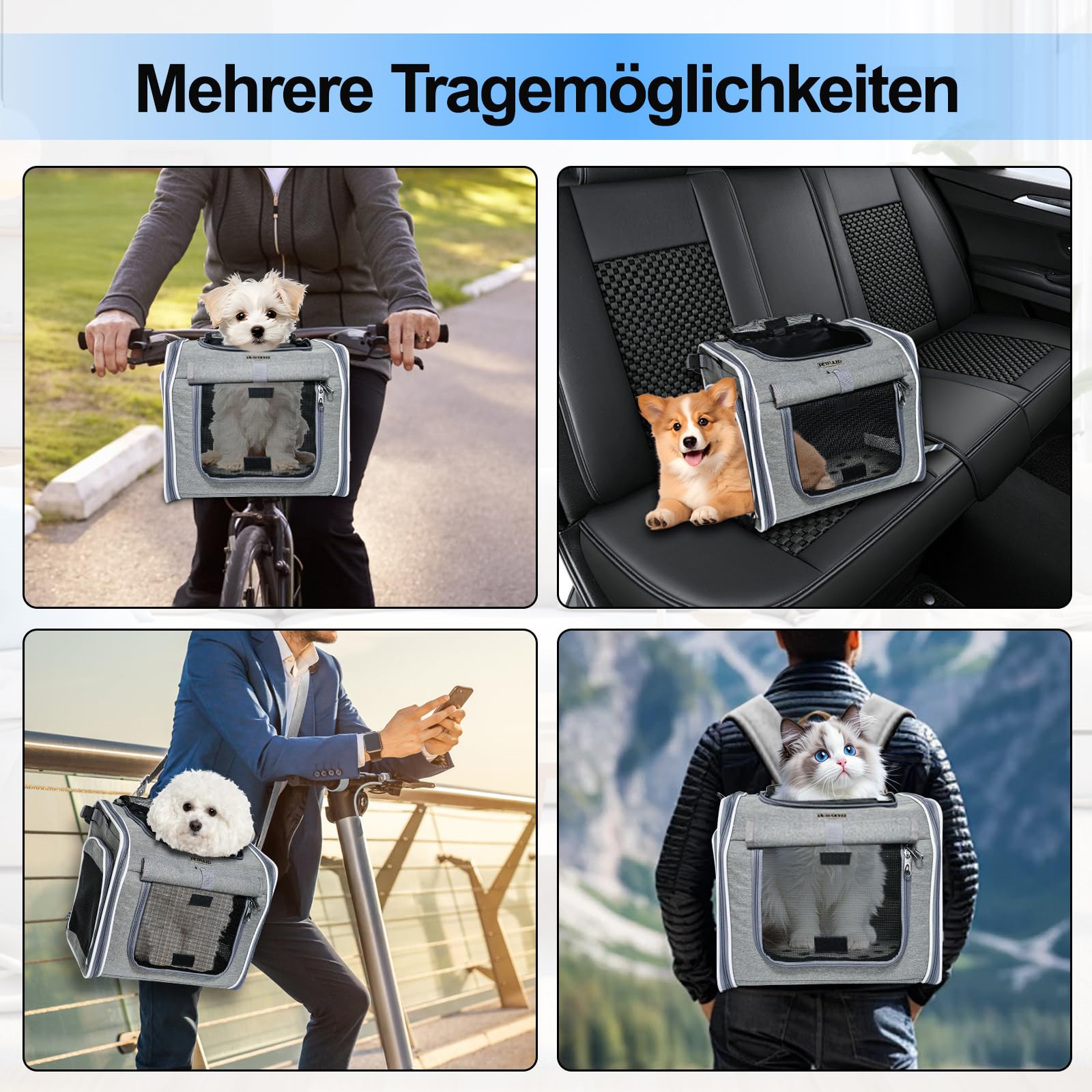 Panier de vélo avant pour chien 4 en 1 - Extensible - Panier de vélo pour chien jusqu'à 7 kg - Avec coussin, sac à dos de transport pour animaux de compagnie avec 4 portes ouvertes et 4 fenêtres en