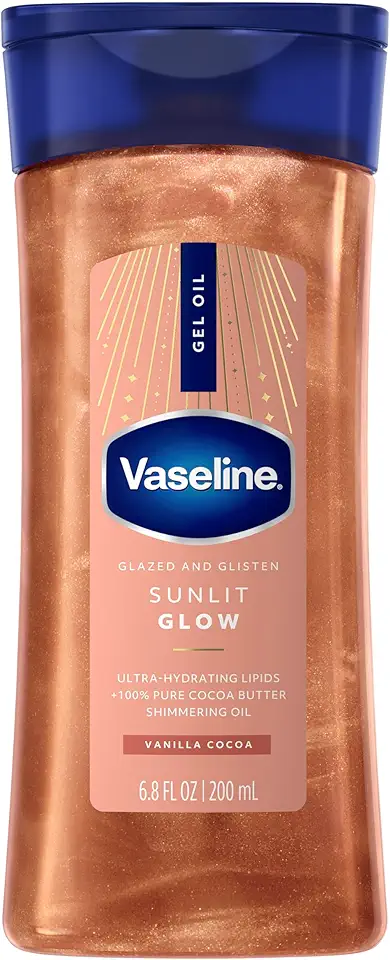 Vaseline Glazed and Glisten Sunlit Glow Body Gel Oil Vanilla Cocoa Shimmering with Ultra-Hydrating Lipids and 100% Pure Cocoa Butter, 6.8 Oz