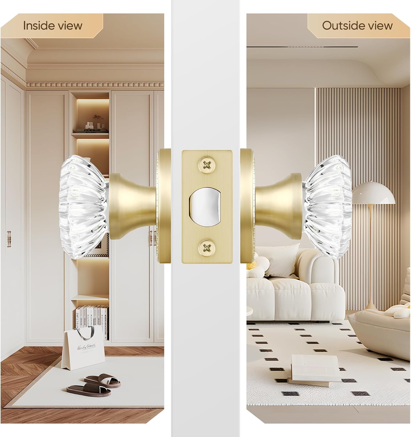 Leydebong 2 Pack Crystal Door Knobs Interior Passage Door Knobs No Lock Crystal Door Knobs for Hall/Closet, Satin Brass Vintage Door Knob with Victorian Plate Rosettes