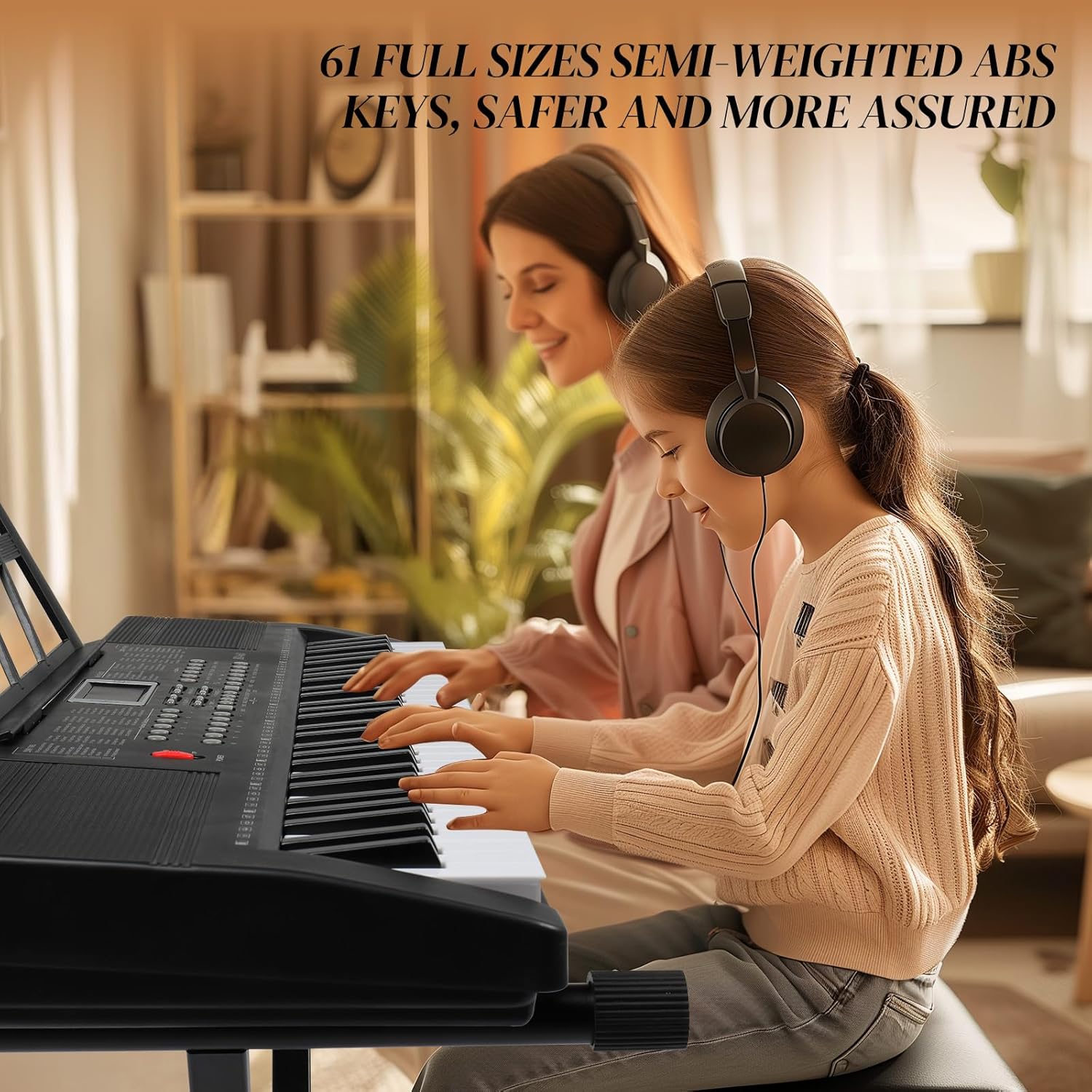 Ktaxon 61 Key Keyboard Piano with 200 Timbres, 200 Rhythms & 60 Demos, Piano Keyboard Includes Stand, Stool, Headphones, Microphone, Note Stickers, Music Holder & Manual (Compact X Stand- Black)