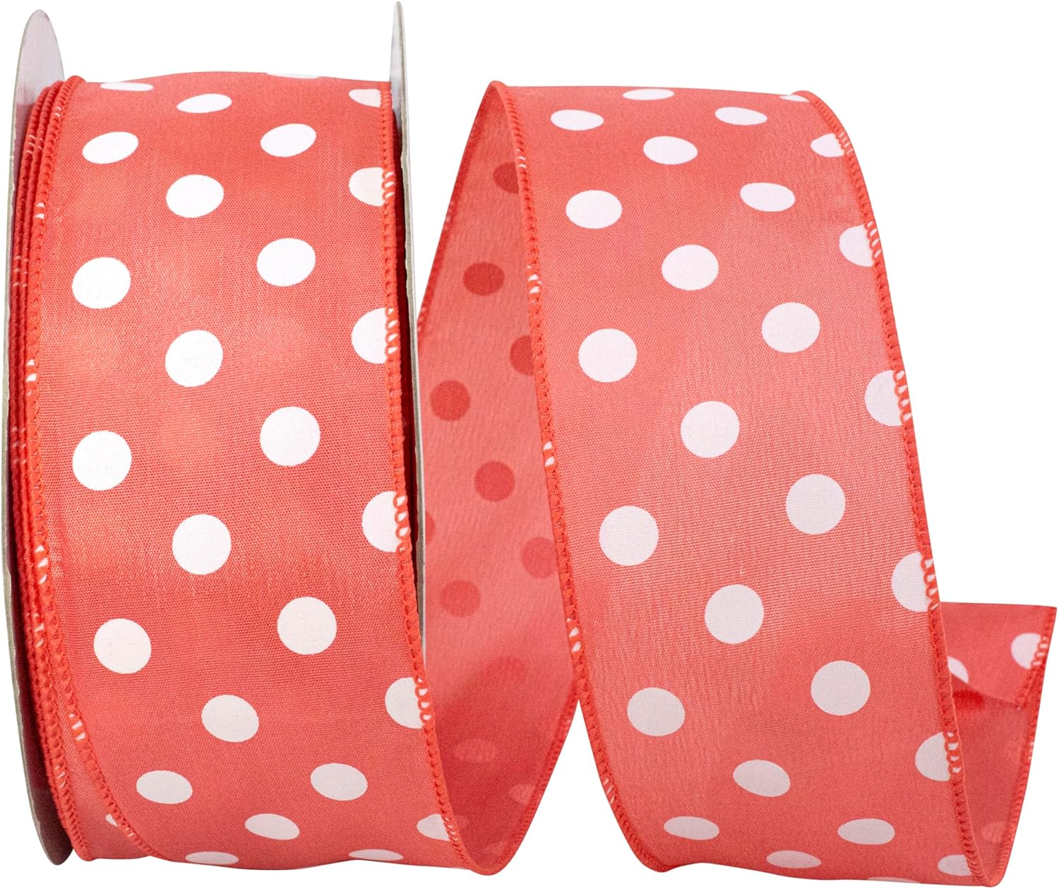 Reliant Ribbon Satin Large Dot Value Wired Edge Ribbon, 2-1/2 Inch X 50 Yards, Coral