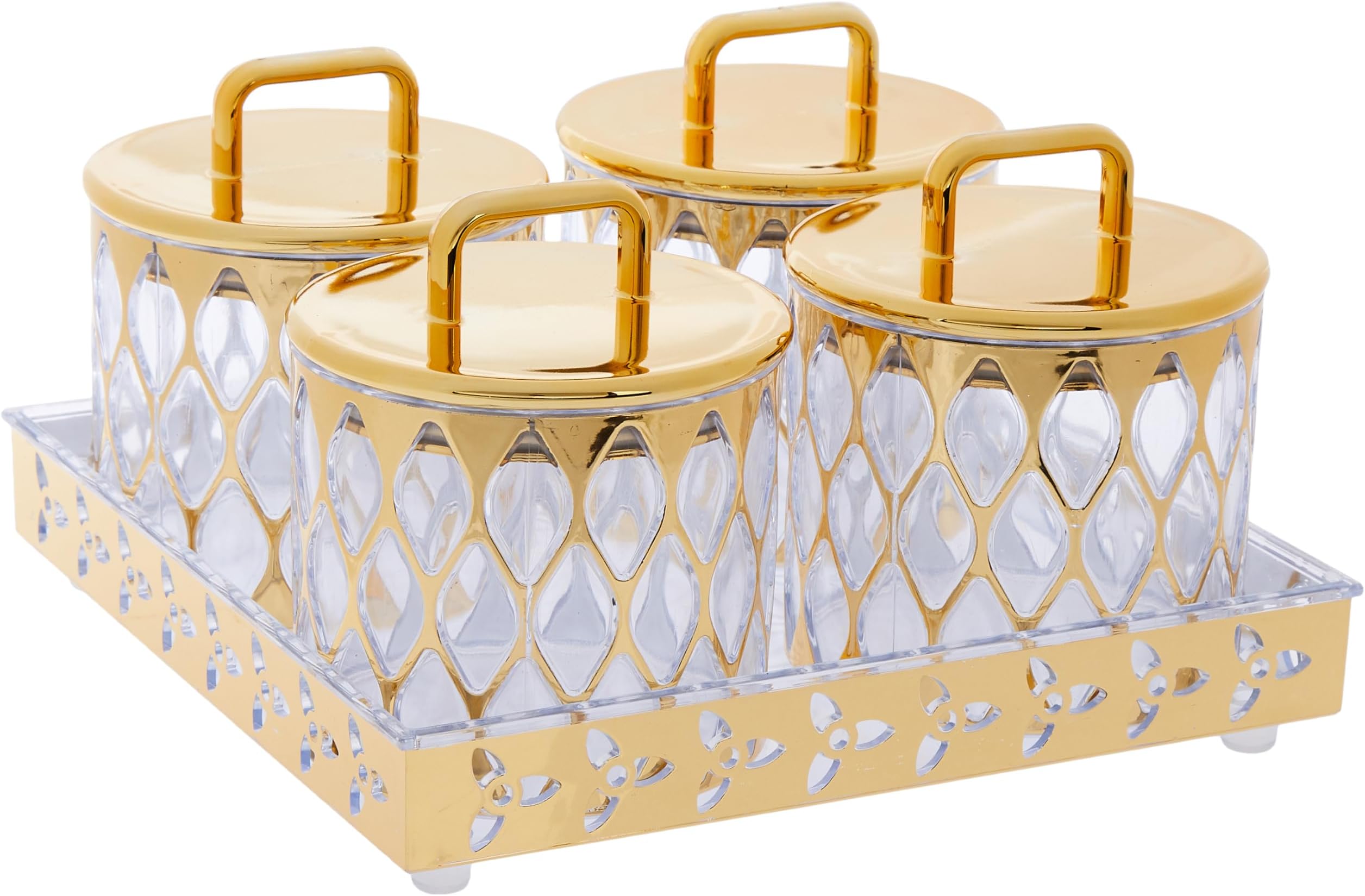 Amazon Brand - Solimo Airtight Dry Fruit Container Set With Tray|Plastic Dry Food Storage|500Ml, Set Of 4 (Golden)