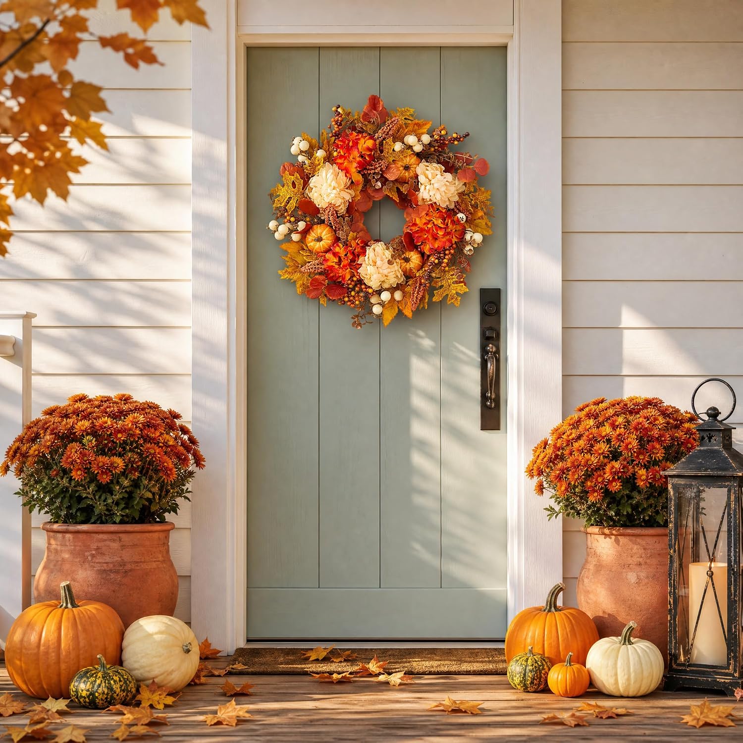 24 Inch Fall Wreath for Front Door, Artificial Autumn Leaves with Pumpkins
