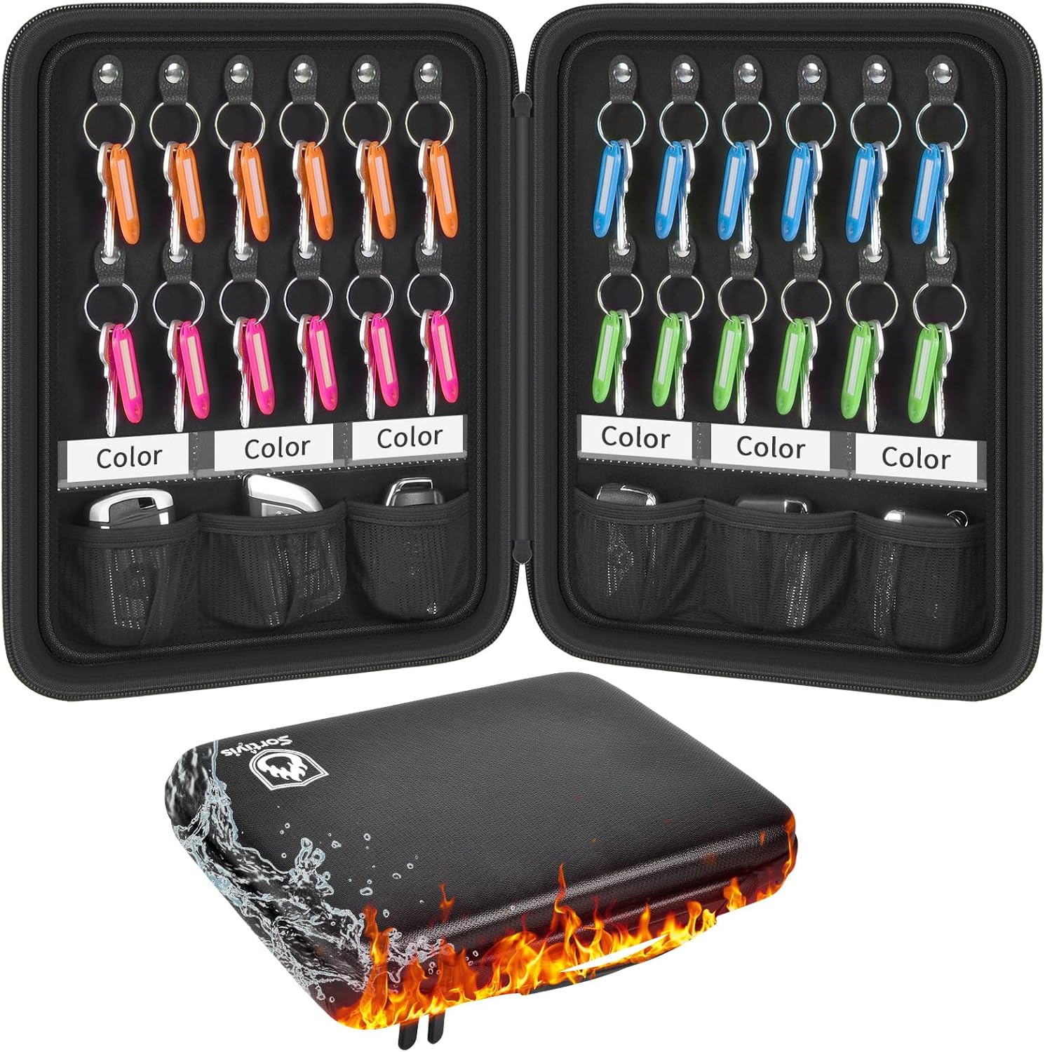 Key Organizer Case, Fireproof & Waterproof Key Holder Storage Bag with 24pcs Keys Tags, Portable Zippered Key Box for Home, Office, Estate Sales, Hotel Executives (24 Keys Tags Included)