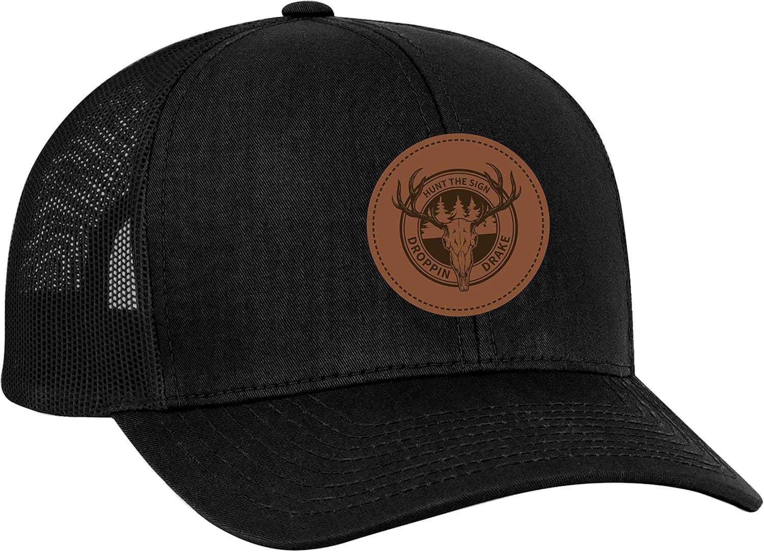 Men's Wild Deer Hunt The Sign Laser Engraved Leather Patch Trucker Hat