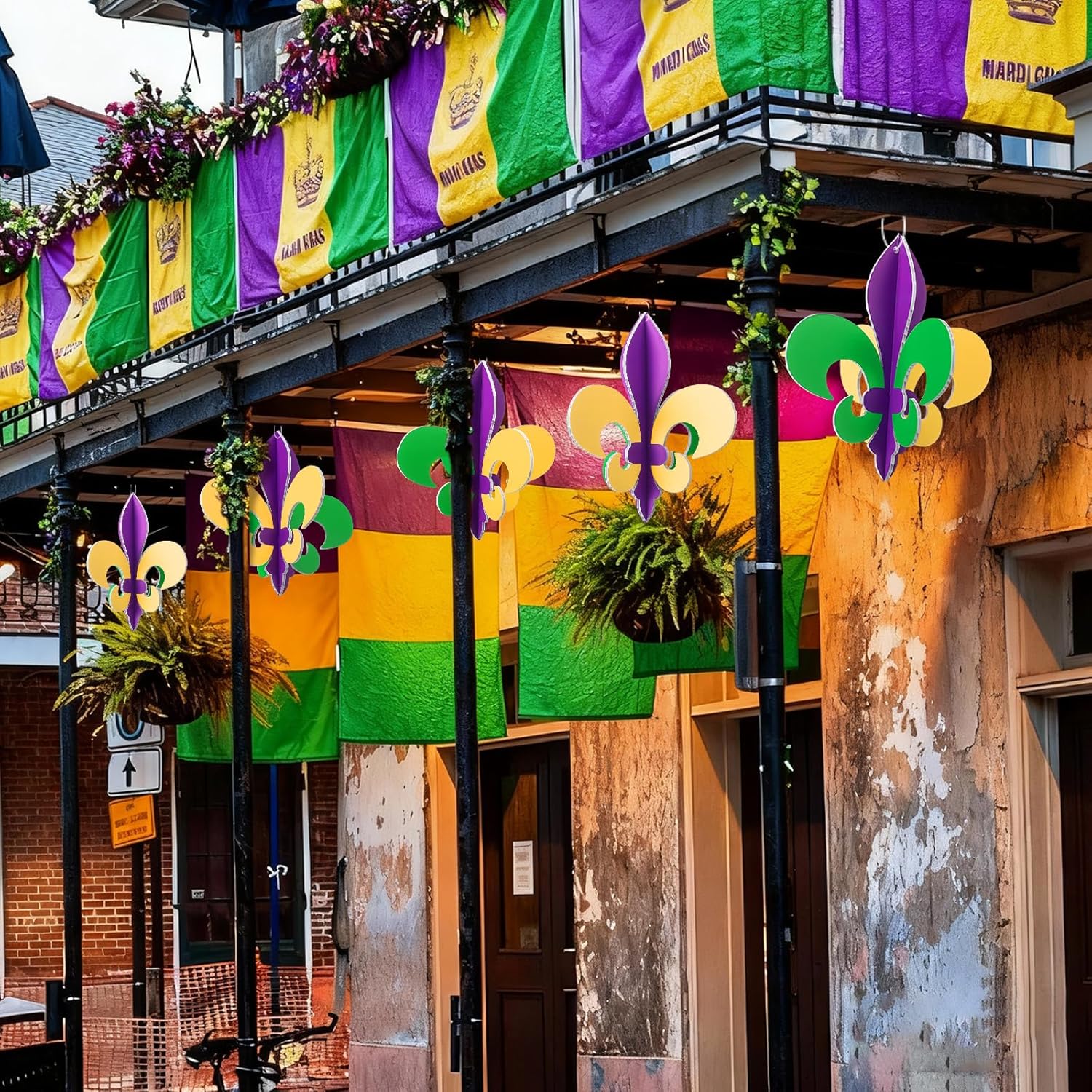 Jenaai 6 Pcs Mardi Gras Decorations Outdoor Fleur De Lis Hanging Sign Ornaments Waterproof New Orleans Double Sided Gold Purple Green for Front Door Home Garden Yard Carnival Masquerade Party Decor