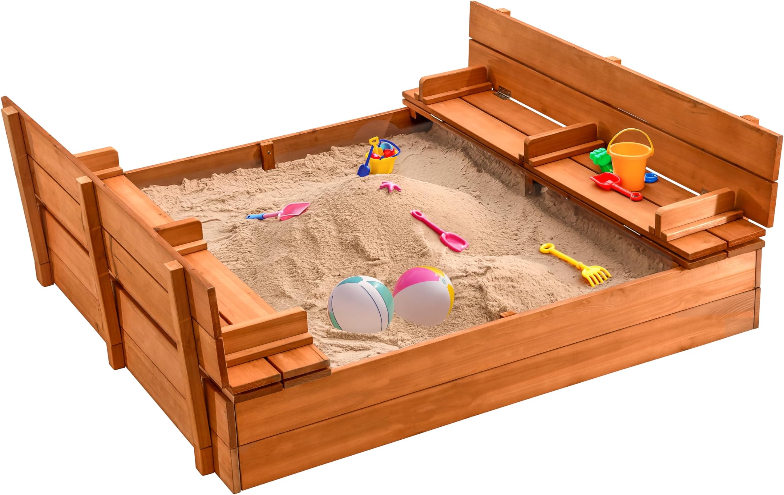 Large Wooden Kids Sandbox with Lid – Outdoor Sand Box for Kids with Cover Sand Protection, Foldable Bench Seats and Bottom Liner