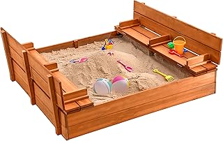 Spacious Wooden Sandbox: Foldable Benches, Protective Lid, and Bottom Liner for Outdoor Play