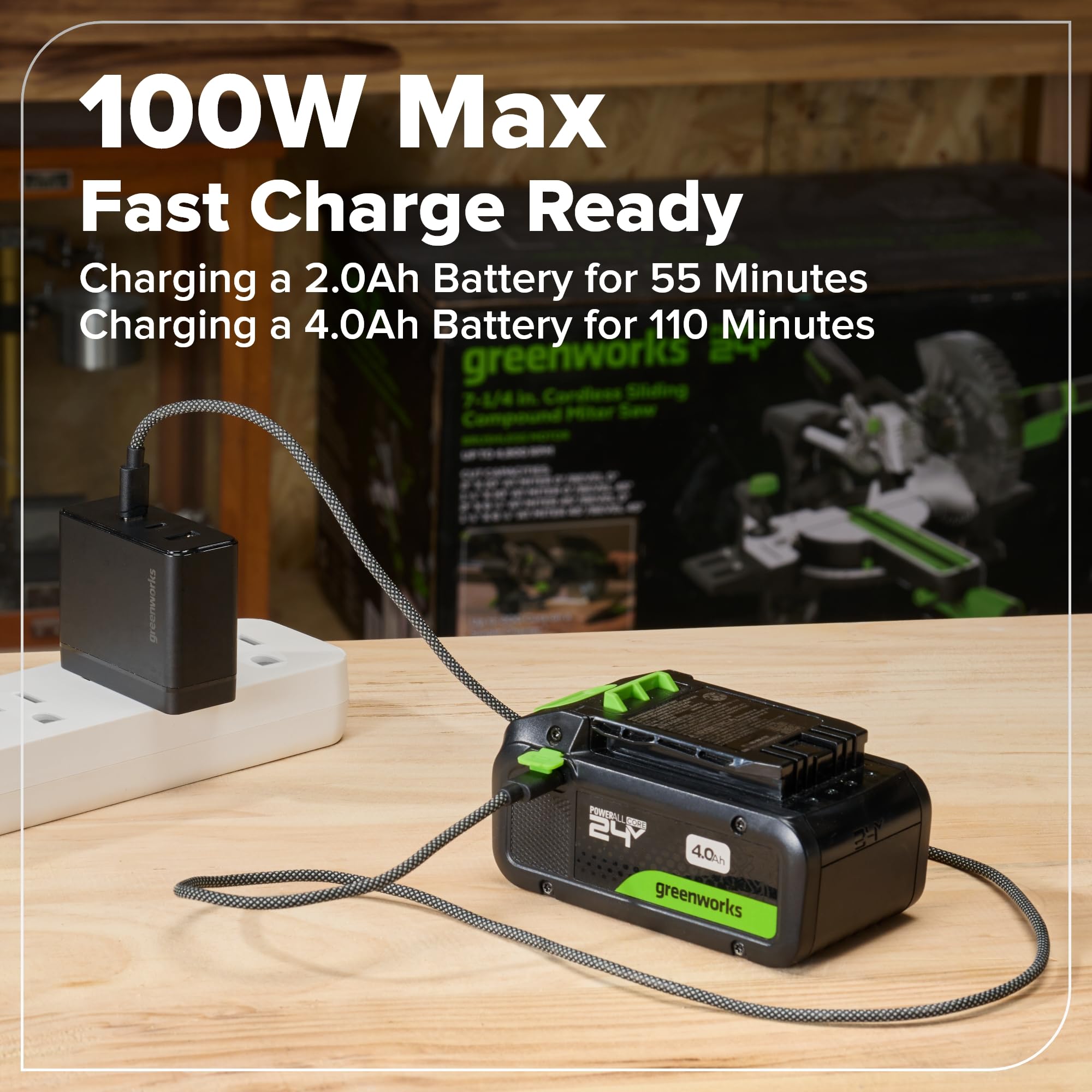 Greenworks 24V Cordless Brushless 90Nm Taladros atornilladores, Grado profesional, embrague 21, batería USB-C de 4.0Ah, cargador rápido USB-C de 65W (3 puertos) y cable USB C a USB C DD590