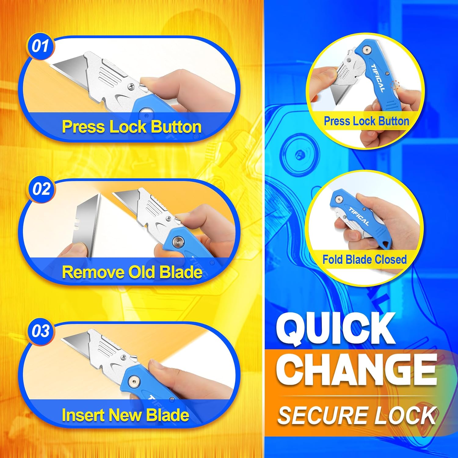 Folding Utility Knife Set, Quick Change Folding Box Cutter with Clip, Extra 30 SK5 Razor Knife Blades, Navajas Para Trabajo, Pocket Utility Knife for Work, Carton, Cardboard, Packages|24PACK