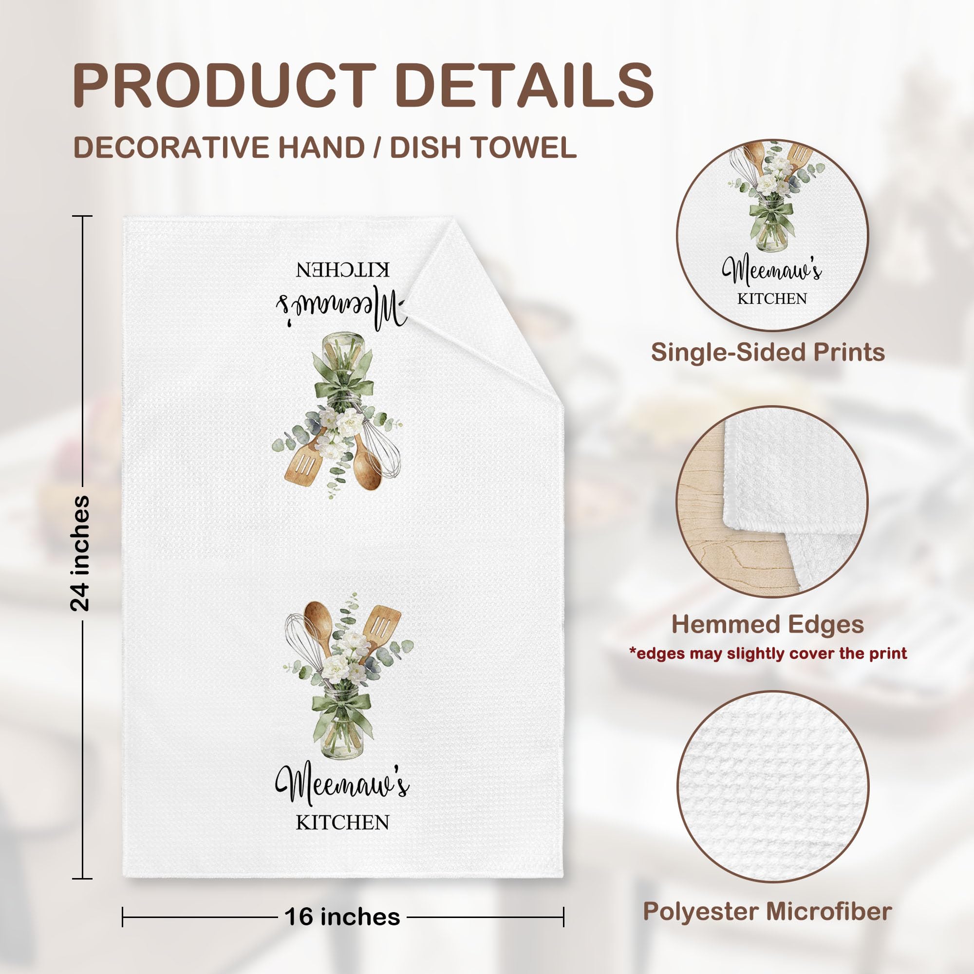 Meemaw Gifts Kitchen Towel 16x24, Grandma Grandmother Hand Towel Decor, Floral Botanical Meemaw's Kitchen Utensils Decor Microfiber Dish Cloths Dishcloths Decorative