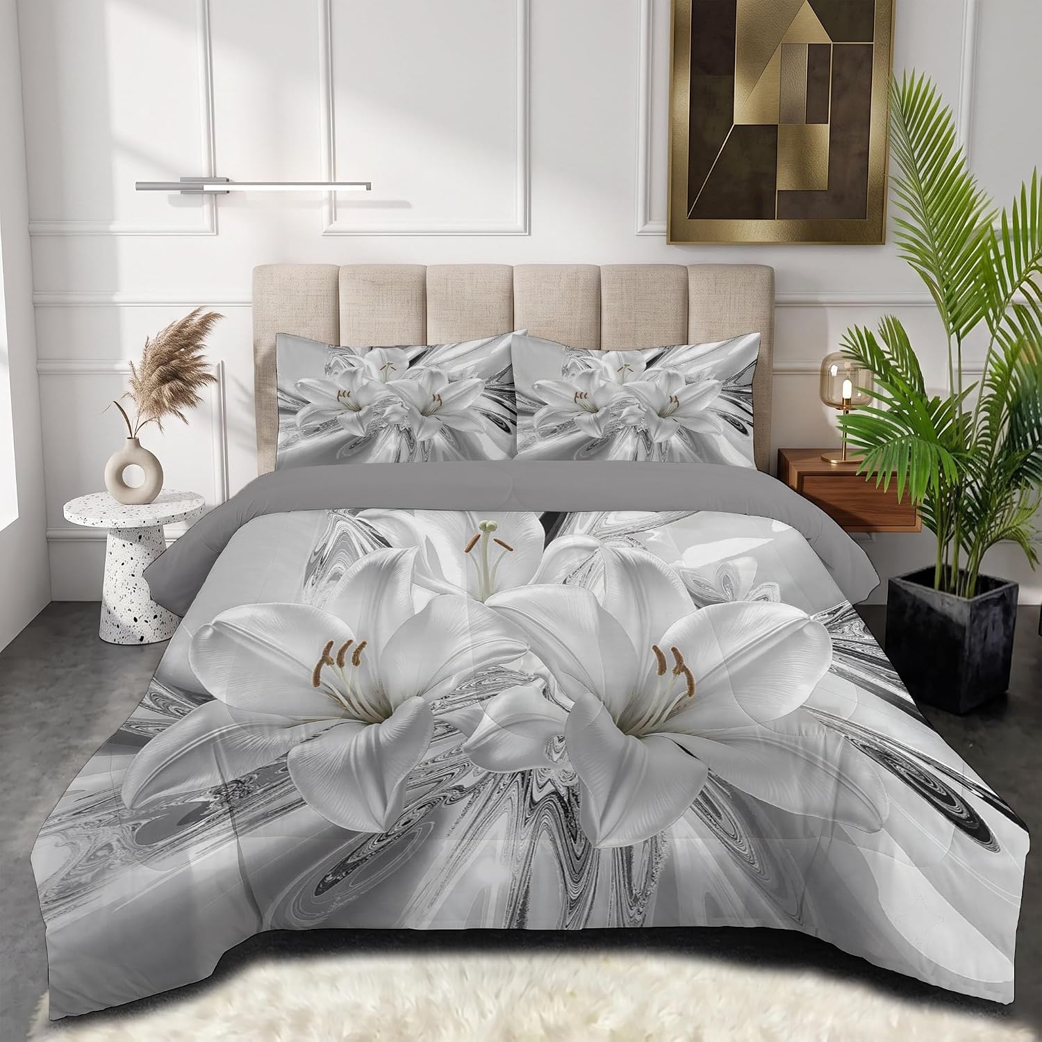 Light Luxury Abstract Comforter Set Twin Size, Lily Photography Bedding Set for Girls Boys, Silver Quilt Bed 68"X90" Bedding Comforter Sets with 2 Pillowcase Room Decor