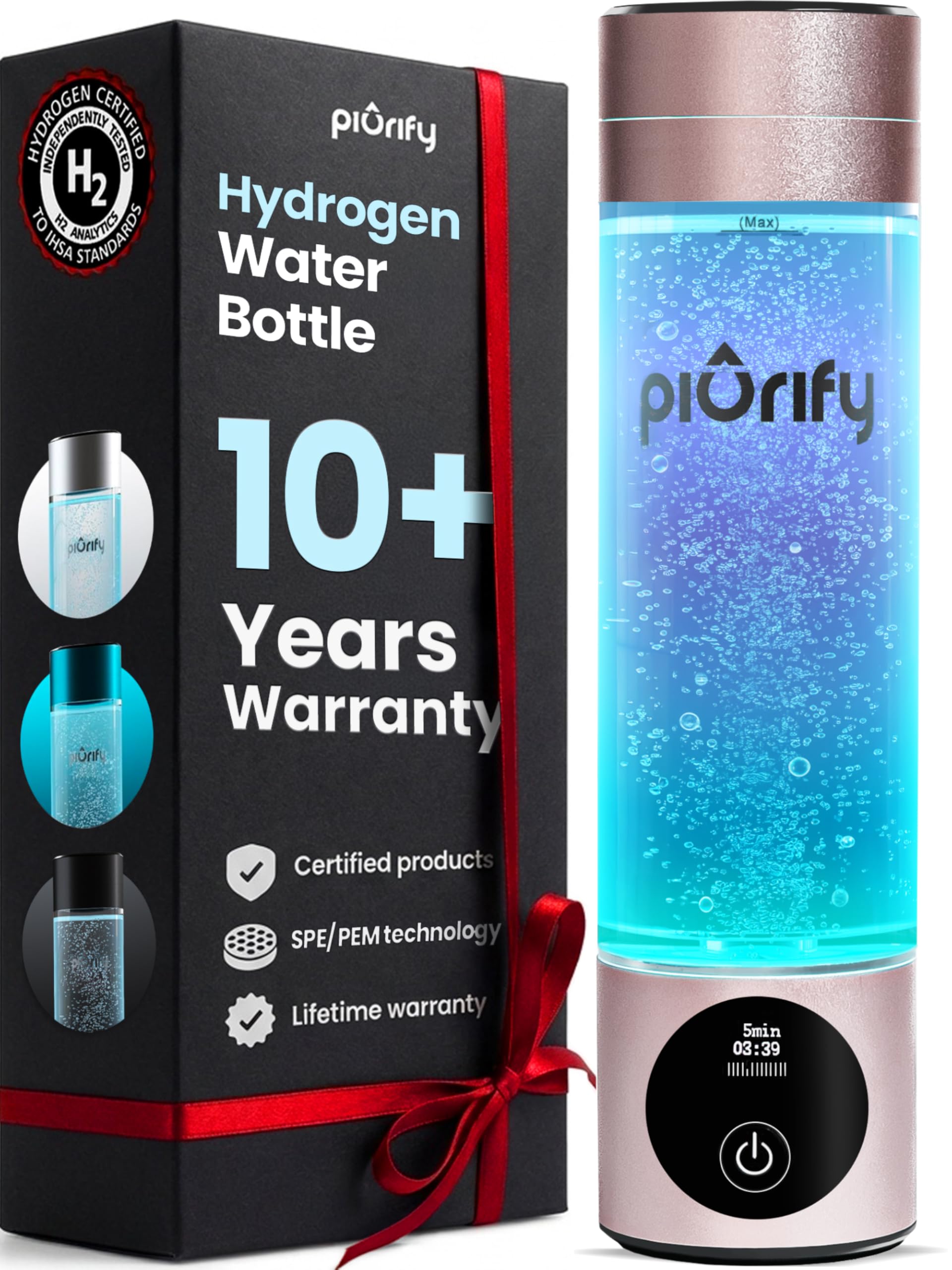 PIURIFY Generador de botellas de agua de hidrógeno | 6300+ PPB en 3 ciclos | 10 onzas | Garantía extendida | Certificado de Estados Unidos | SPE/PEM Tech | Portátil | Rosa