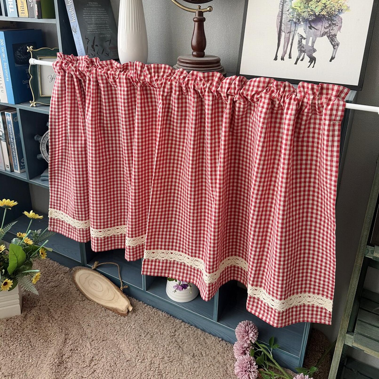 A.Monamour Tenda da cucina in cotone rosso e bianco a quadri in pizzo rurale a quadretti mezza corta tenda da cucina mantovana per piccole finestre bar bistrot