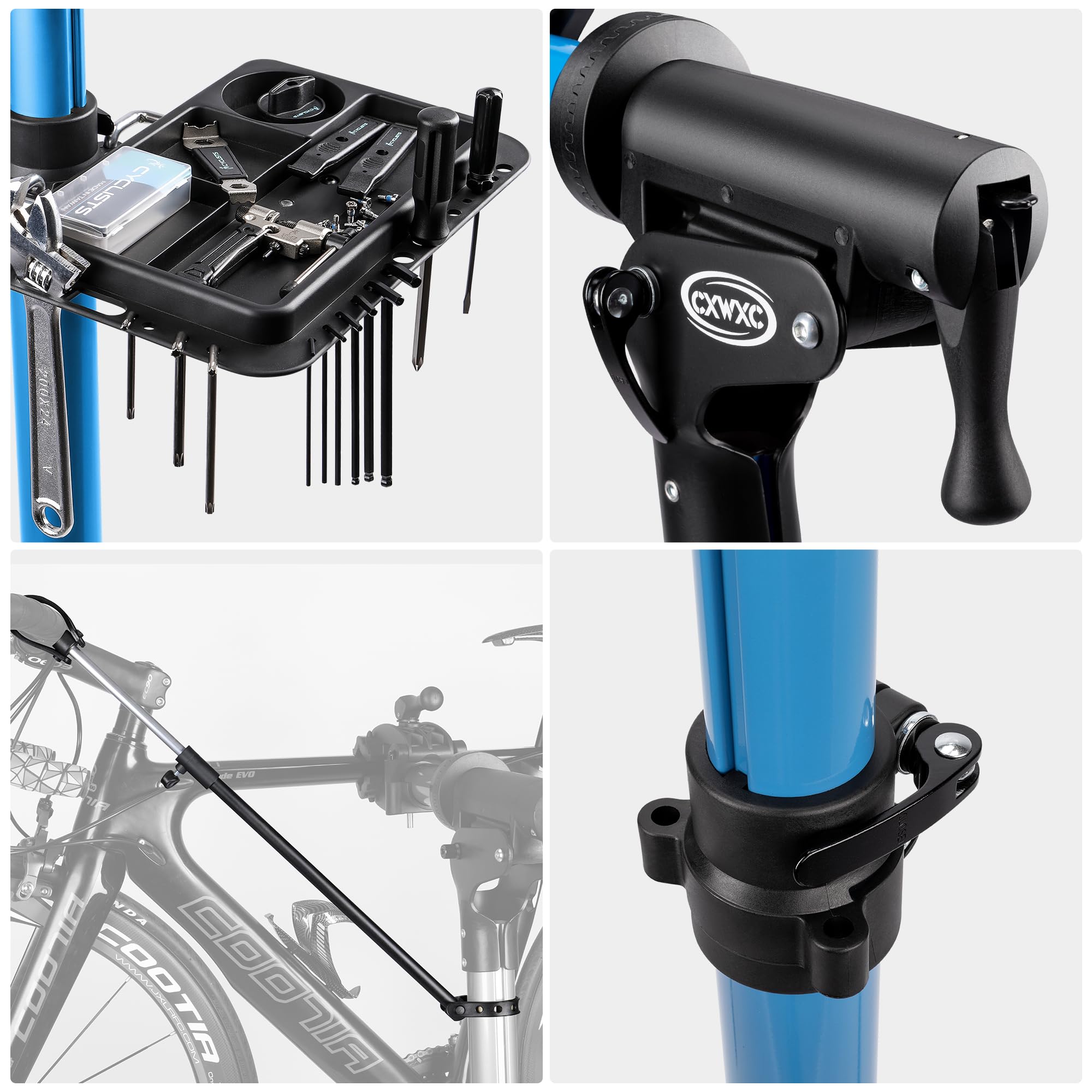CXWXC Cavalletto per Riparazione Bici, Supporto per Manutenzione Bicicletta in Alluminio, con Vassoio Porta Utensili Magnetico, Regolabile, Leggero, Portatile Nero (Nero)