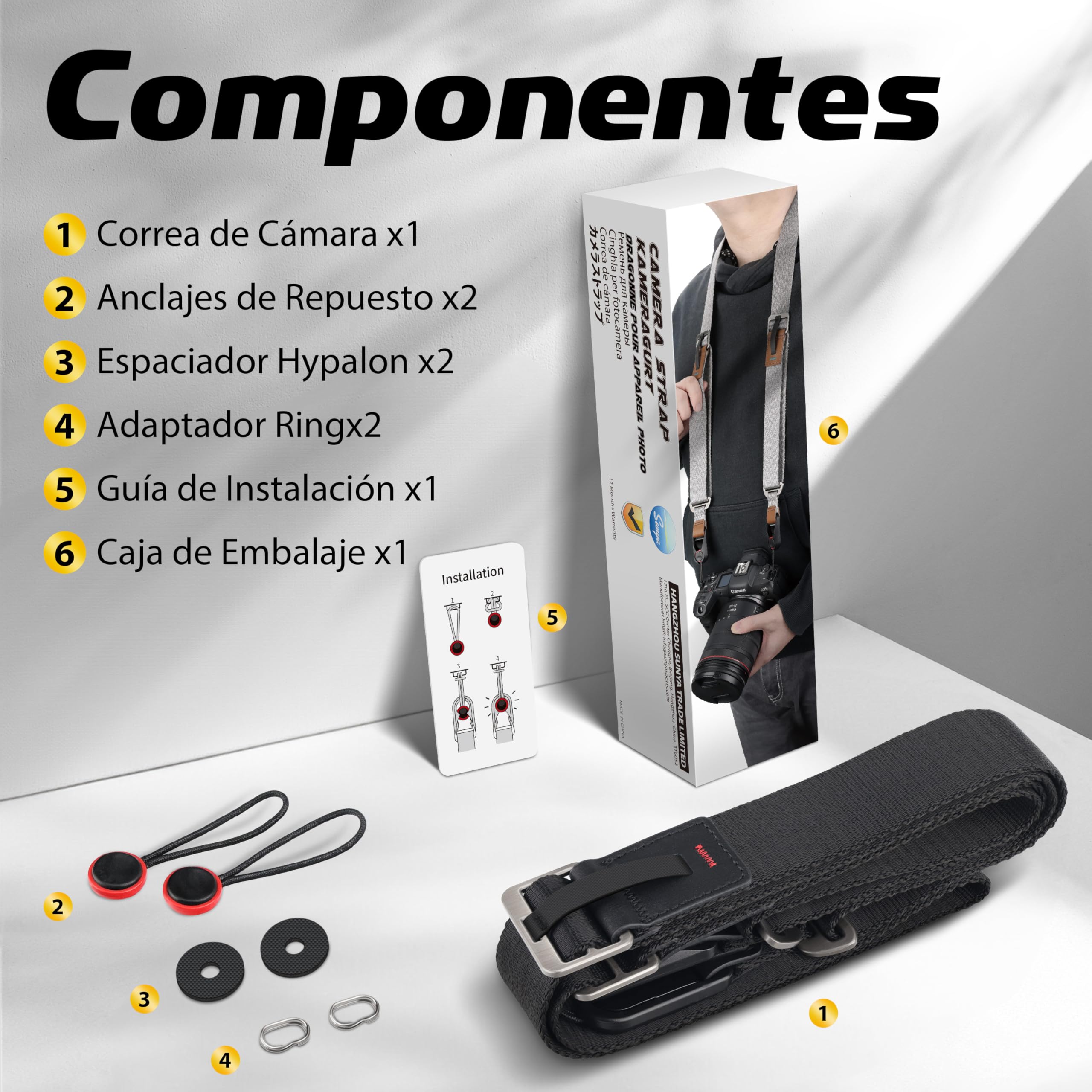 Sunya Correa de Cámara con Hebilla Liberación Rápida. Hecho de nylon de avanzado, ajustable con una sola mano, compatible con todas las cámaras, capacidad máxima de carga de 90 kg.
