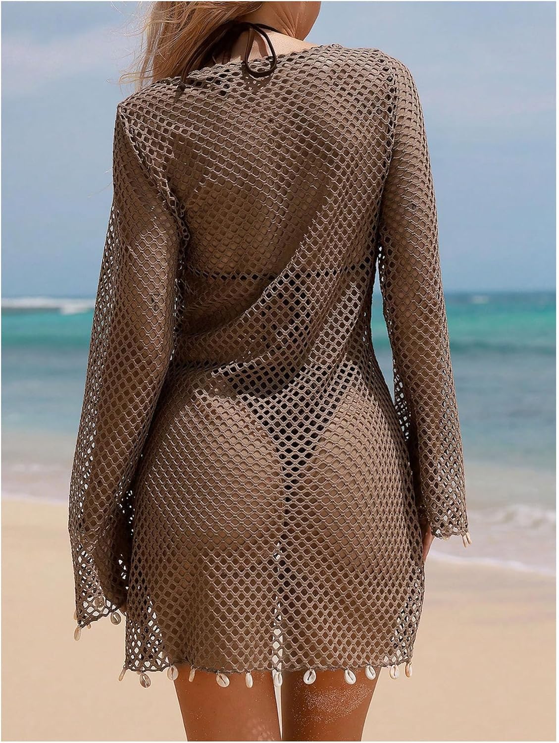 RoseSeek Women's Boho Shell Decor Mesh Tops Beach Cover Ups Crew Neck Long Sleeve Cover-up Tops