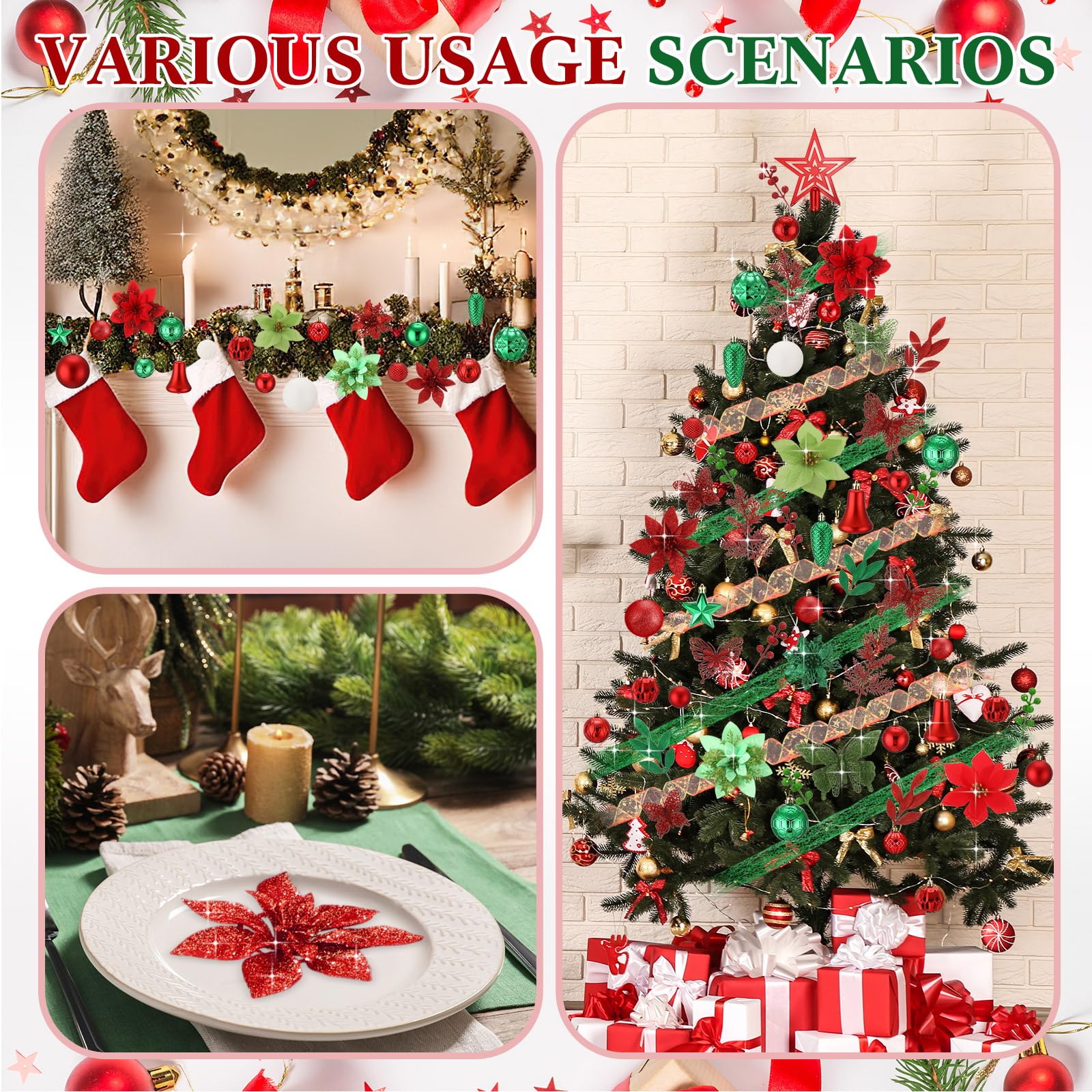 XunYee Lot de 143 décorations à suspendre pour sapin de Noël – Boules incassables – Flocon de neige, papillon, poinsettia, fleurs et baies – Rubans pour décoration de fête (rouge, vert, blanc)