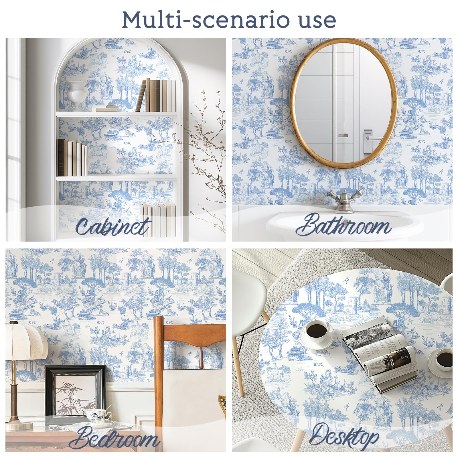 WENMER Toile Wallpaper, 17.7" X 590" Pink and White Peel and Stick Wall Paper, Toile de Jouy Wallpaper, French Vintage Contact Paper for Bedroom, Walls, Backdrop, Cabinet, Home Decor: 17.7" x 394" Blue