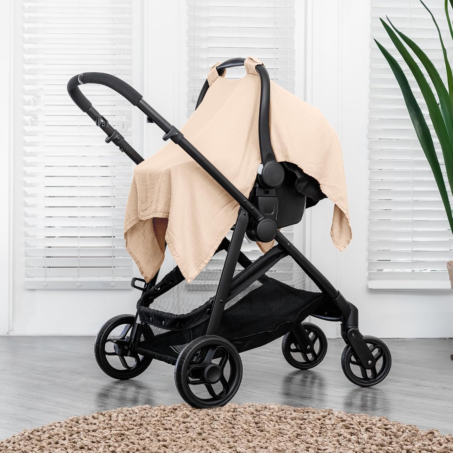 Comfy Cubs Baby Car Seat Cover - Soft, Breathable Bamboo Rayon and Muslin Cotton Blend - Lightweight Canopy for Sun, Bug, and Comfort Protection - Large Size Infant Seat Cover in Cream Design