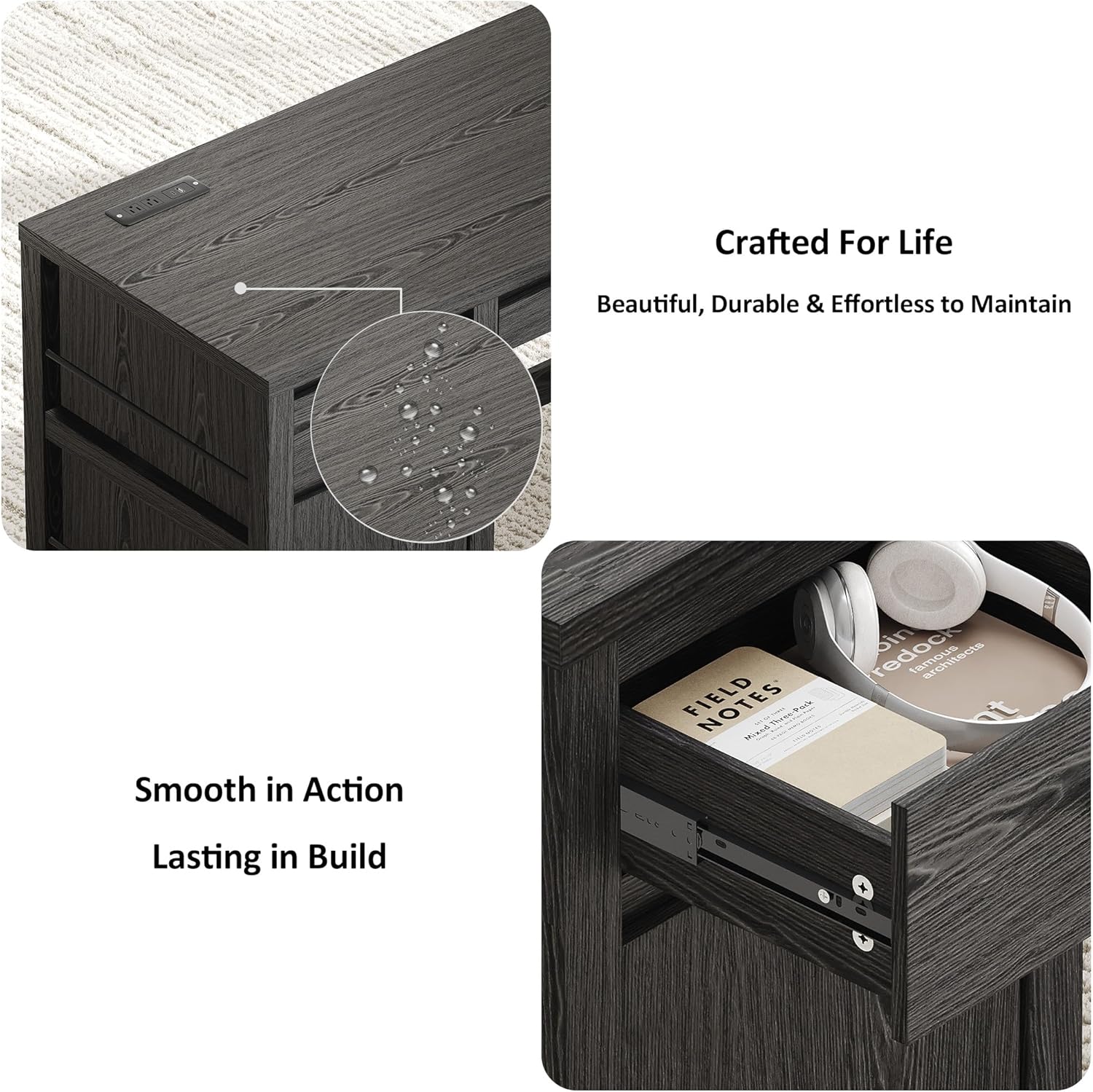 58" Office Desk with Drawers and Charge Station, Farmhouse Wooden Home Office Desk with Foldable Keyboard Tray, 3 Magazine Rack and Storage Cabinet and for Home Office and Study, Black