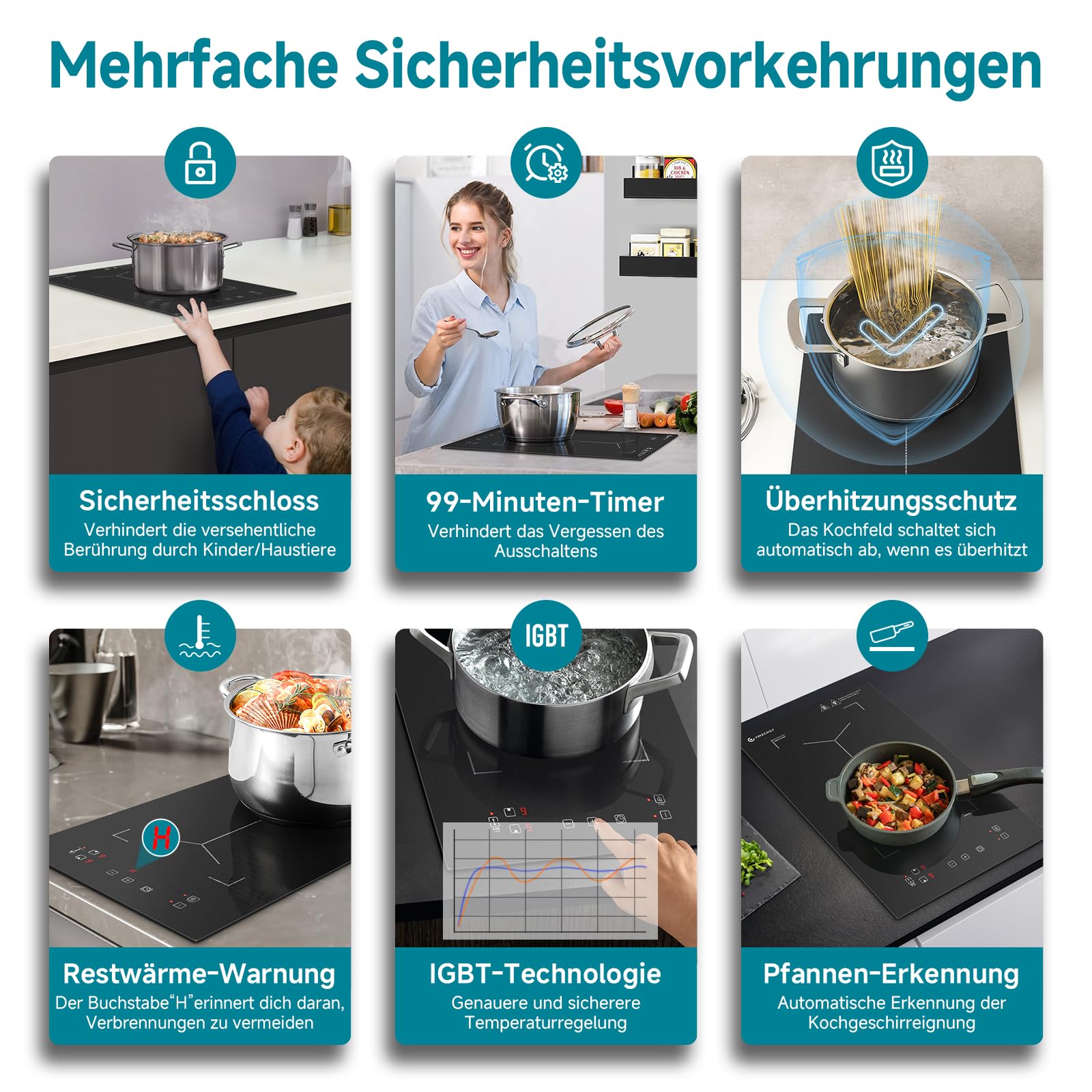 AMZCHEF Induktionskochfeld 2 Platten, Doppel Induktionskochplatte mit Flexzonen und Stecker, 10 Leistungsstufen, Sicherheitsschloss und Timer, Touch-Schieberegler,3300W,Schwarz