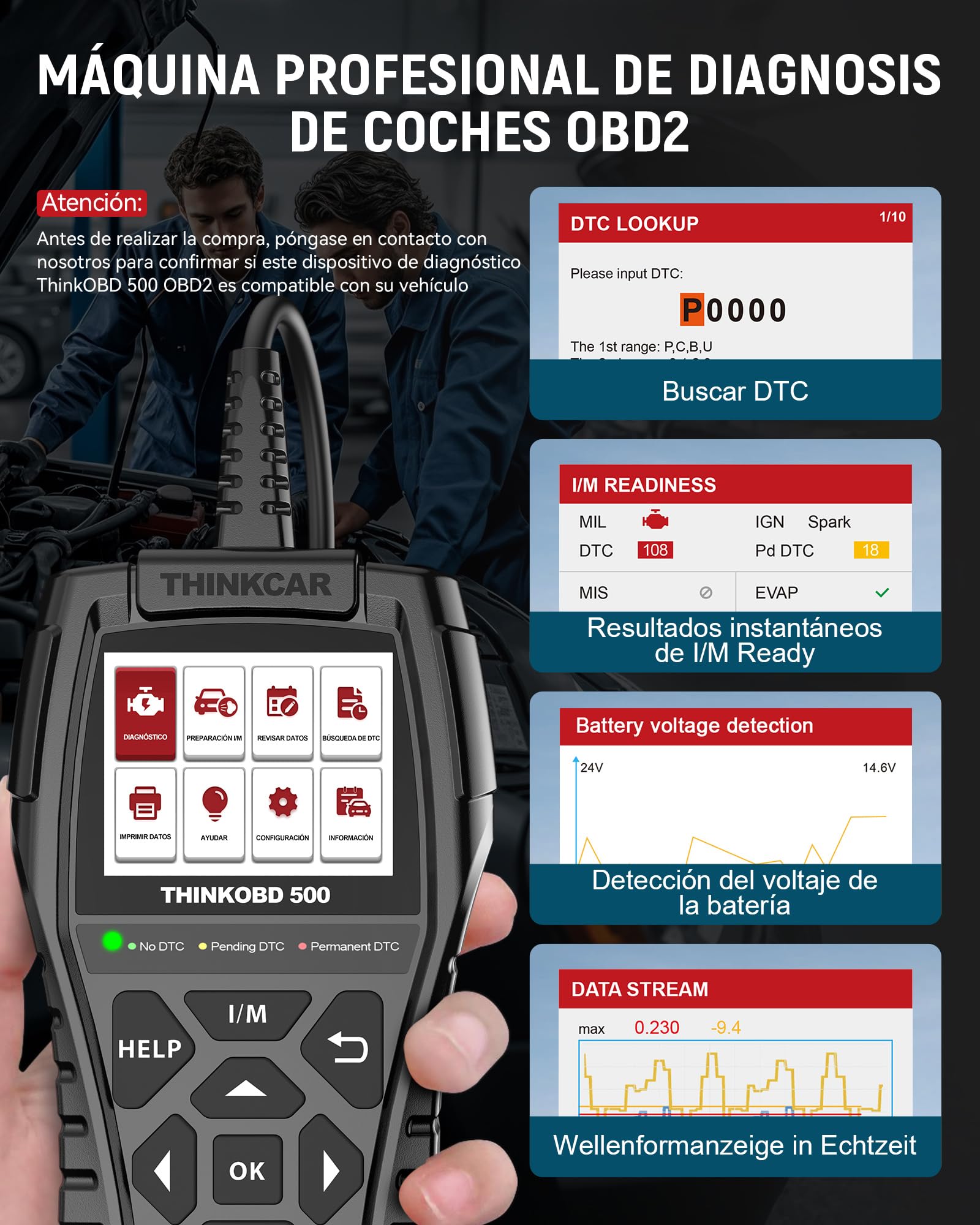 OBD2 Diagnosis, ThinkOBD 500 Diagnosis Coche Multimarca con Sistema del Motor, Diagnosis Coche Multimarca para Protocolos OBDII/EOBD, Verificación de Smog/Prueba EVAP/Apague MIL...